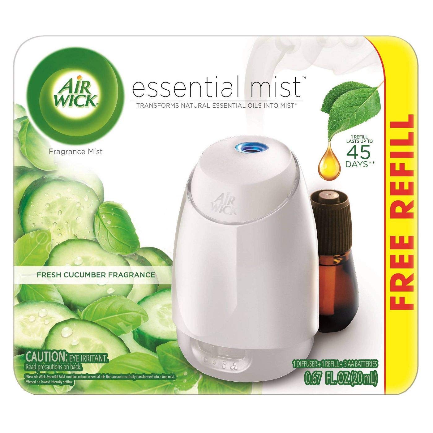 Air Wick Fresh Cucumber Fragrance Essential Mist with Free Refill 0.67 fl oz, Pack of 1