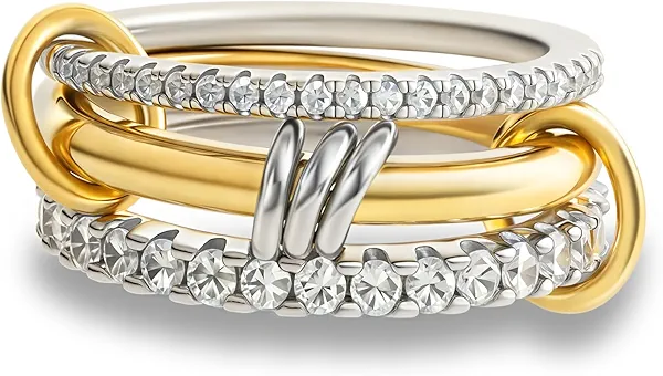 Bopiu Gold Stackable Rings for Women Non Tarnish, 18k Gold Plated Cubic Zirconia Rings, Silver Gold Multi Ring Mixed Metals Stack Rings Set