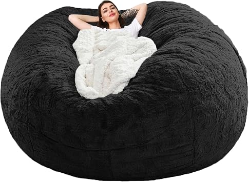 Giant Bean Bag Chair CoverNo Filler,Oversized Round Soft Fluffy PV Velvet Washable Lazy Sofa Bean Bag Bed Cover for Adults, Living Room Bedroom Furniture Outside Cover Black, 7FT