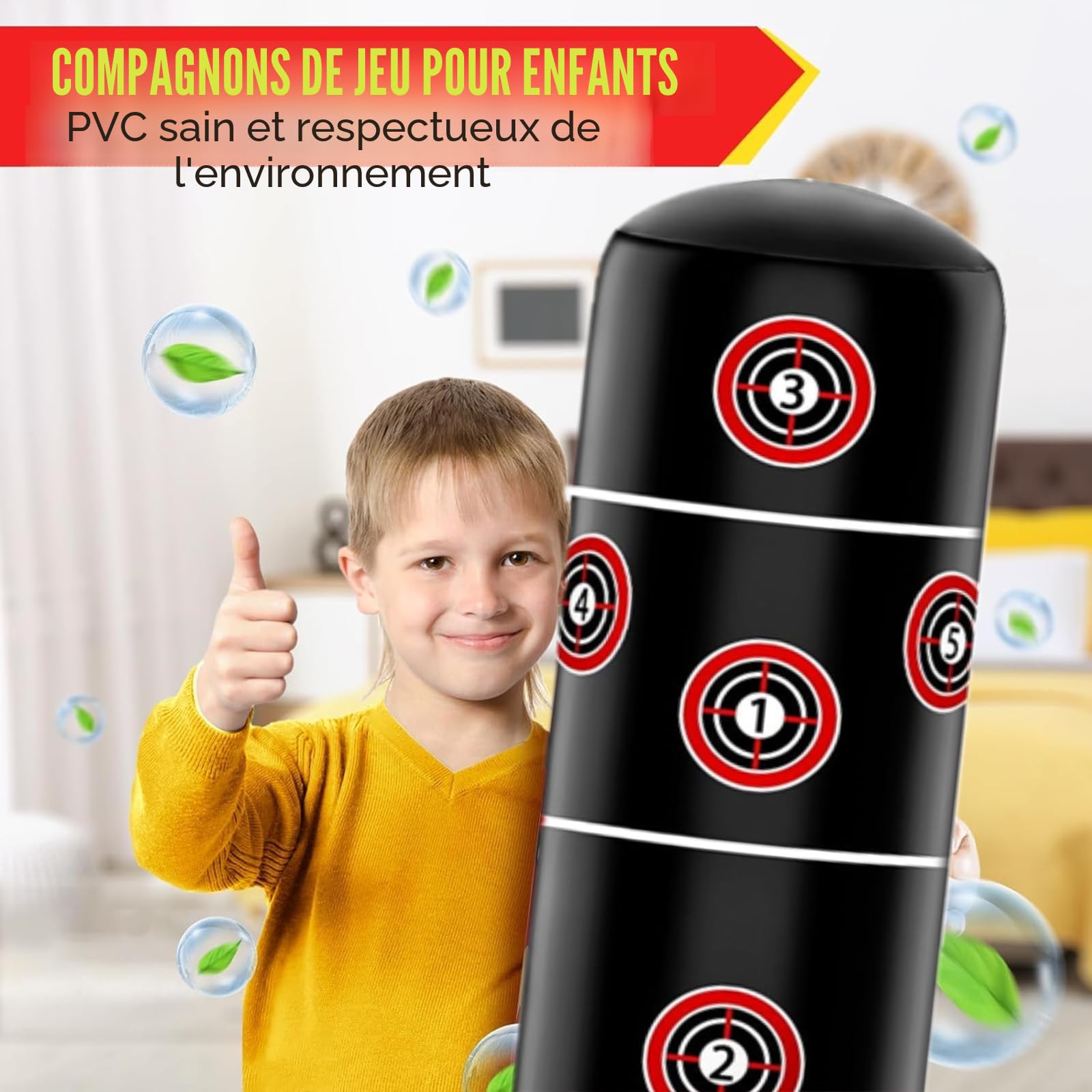 Sac de Boxe Enfant avec Gants de Boxe 160cm Gonflable Sac de Frappe pour Enfants 3-12 Ans Jouet d'exercice Amusant et Sûr pour Maison pour Garçons et Filles sans BPA