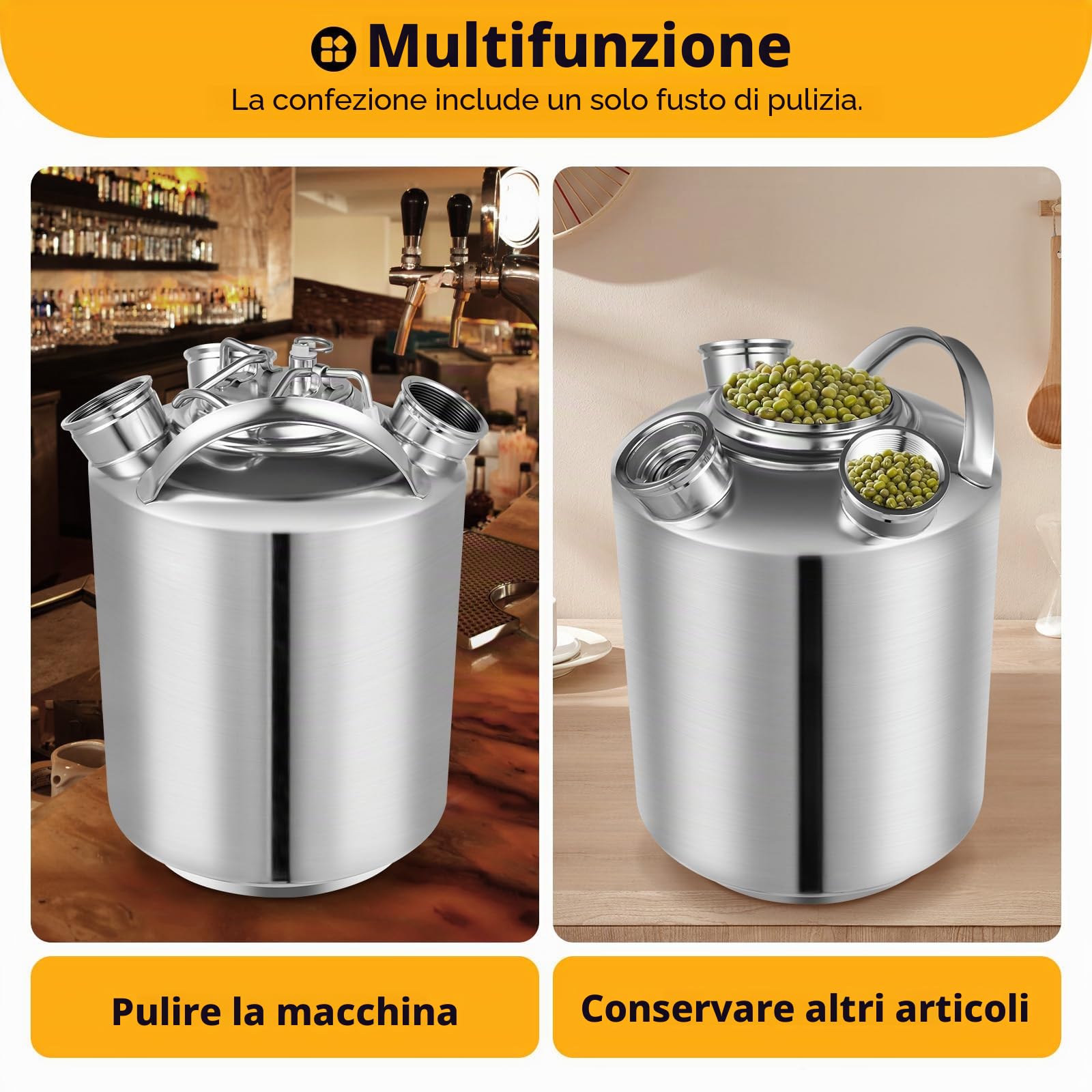 Botte per la pulizia della birra, 10 l, contenitore di pulizia a 3 teste con coperchio, in acciaio inox, con lancia tipo A e S, per impianti di spillatura e spillatrice di birra