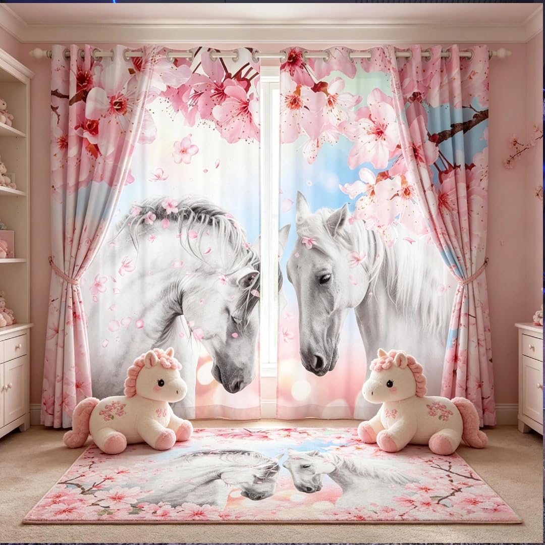 Loussiesd Horse Curtains Couple White Galloping Horse Window Curtains for Bedroom Living Room Girls Cherry Blossoms Printed Windows Drapes Wild Animal Branches Decor Window Treatments,W52*L90 …