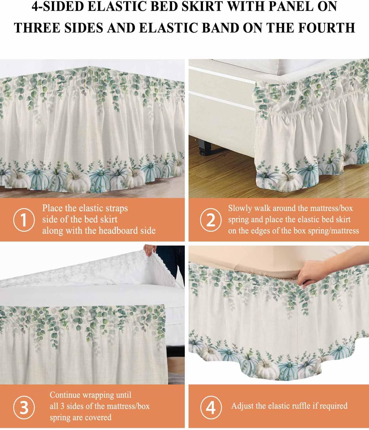 Thanksgiving Pumpkin Bed Skirt Queen Size 18 Inch Drop, Adjustable & Elastic Wrap Around Bed Skirts Pleated Luxury Dust Ruffles for Twin Full Queen Cal King Base Bed, Fall Eucalyptus Cotton Leaves