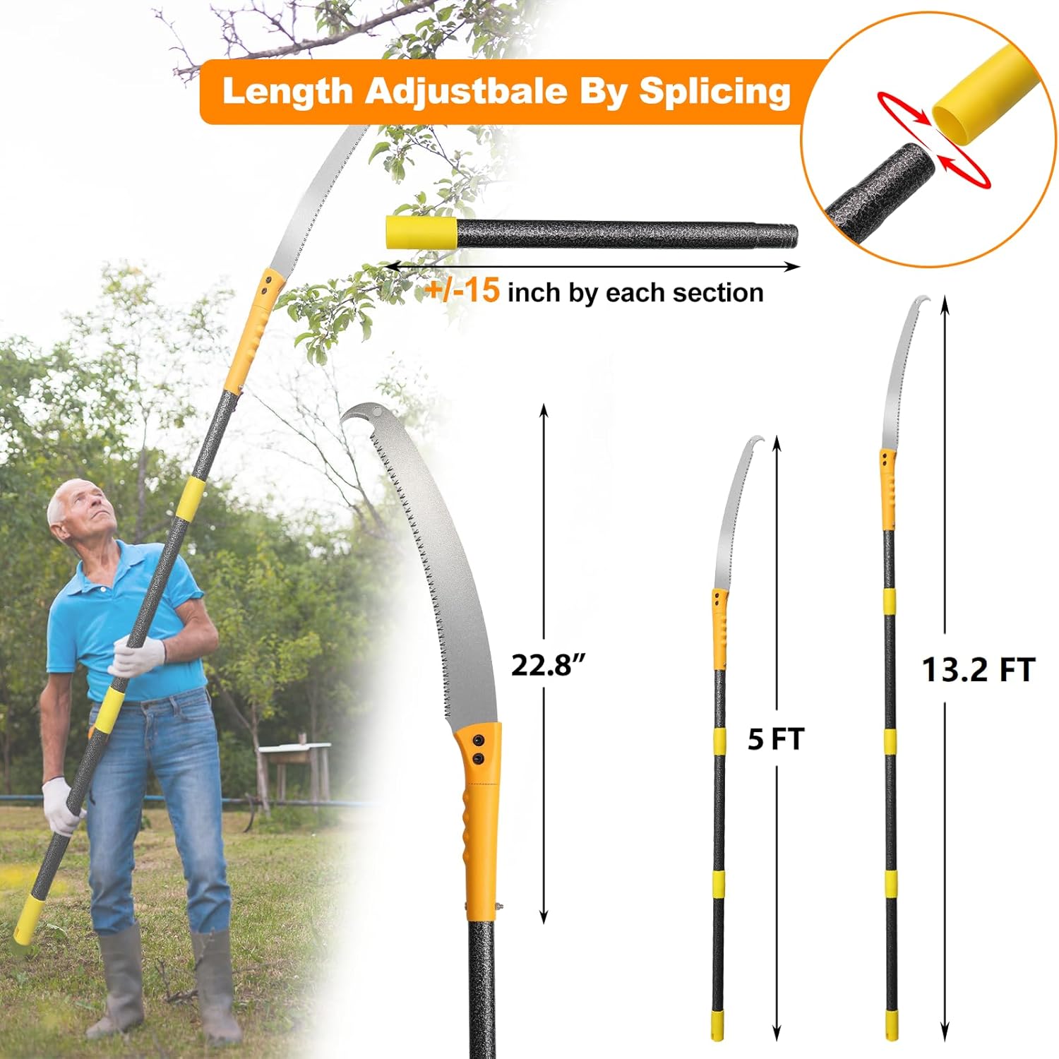 Pole Saw Manual 13.2 FT Adjustable - 2-in-1 Tree Trimming Tool with Steel Blade | Lightweight Pruning Saw for Forestry, Yard, Garden, Patio, Reach High Branches with Ease