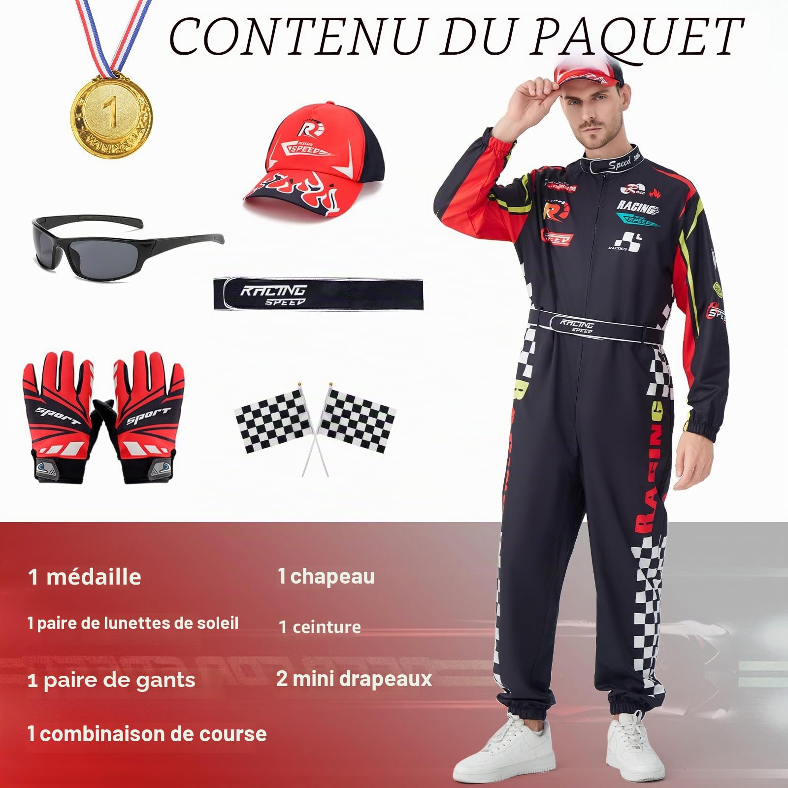 Costume de pilote de voiture de course pour homme et femme – Combinaison avec chapeau, lunettes de soleil, gants – Tenue de coureur d'Halloween pour adulte
