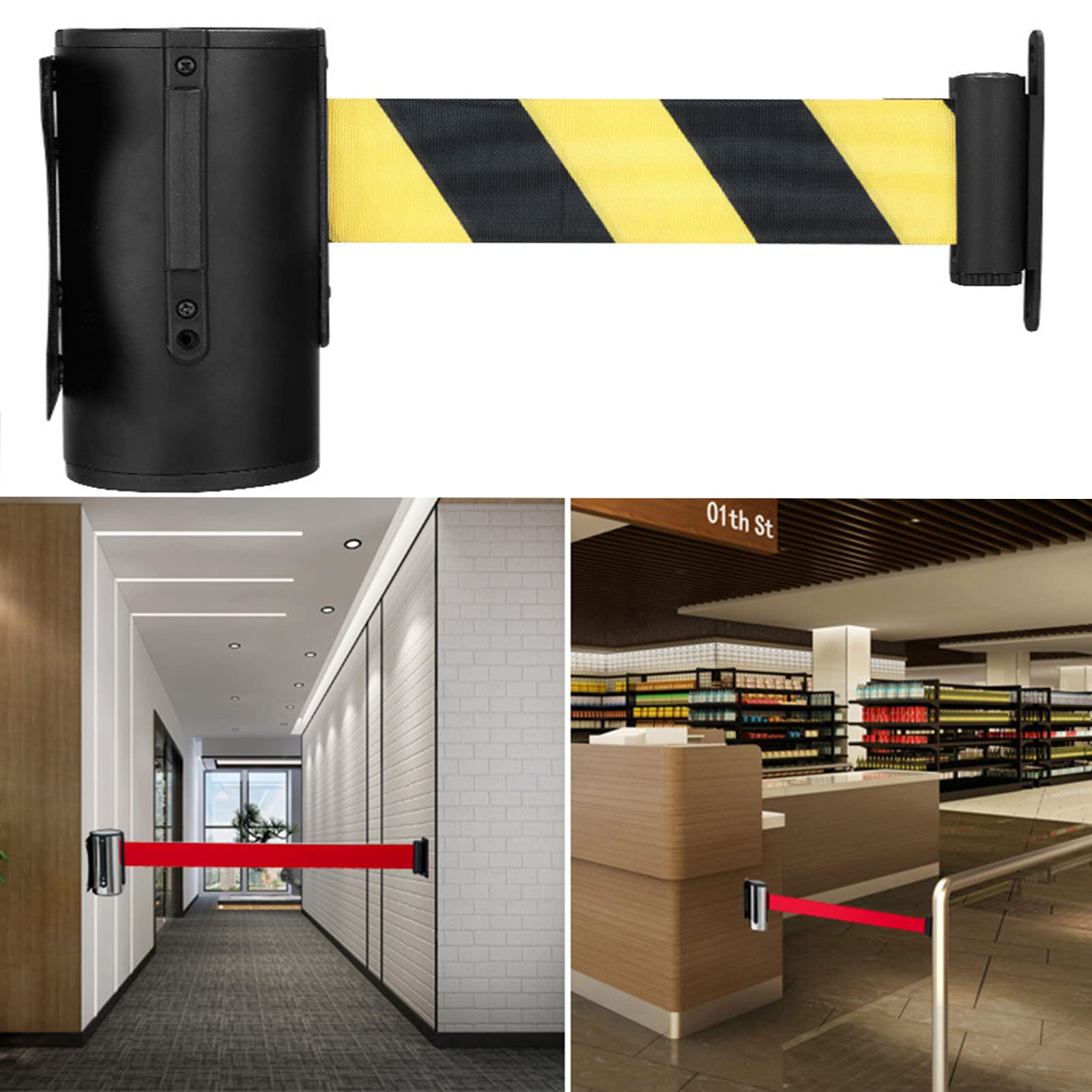 Cinta De Seguridad Retráctil De 5 M – Cinta De Control De Multitudes De Acero Inoxidable para Montaje En Pared, Ideal para Postes Y Barreras De Seguridad – Negro/Amarillo