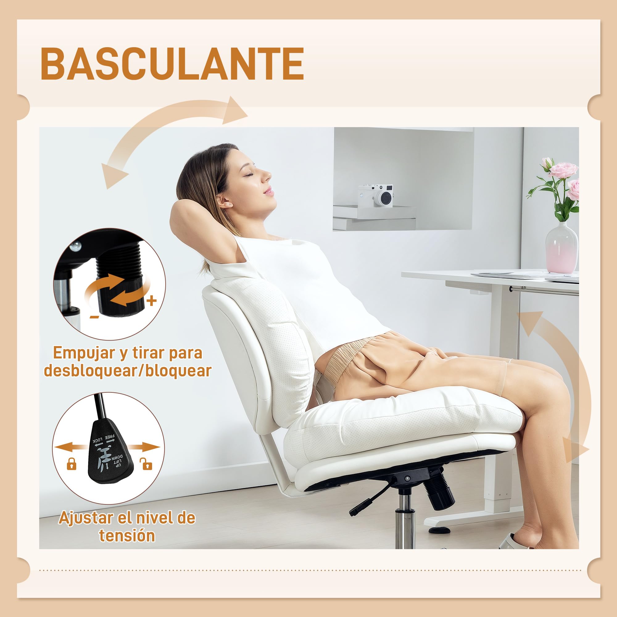 HOMCOM Silla de Oficina Piernas Cruzadas sin Brazos, Ruedas Blanco | Silla Tocador con Asiento Ancho, Altura Ajustable, Doble Acolchado, Giratoria, Función Basculante, Tapizada en PU