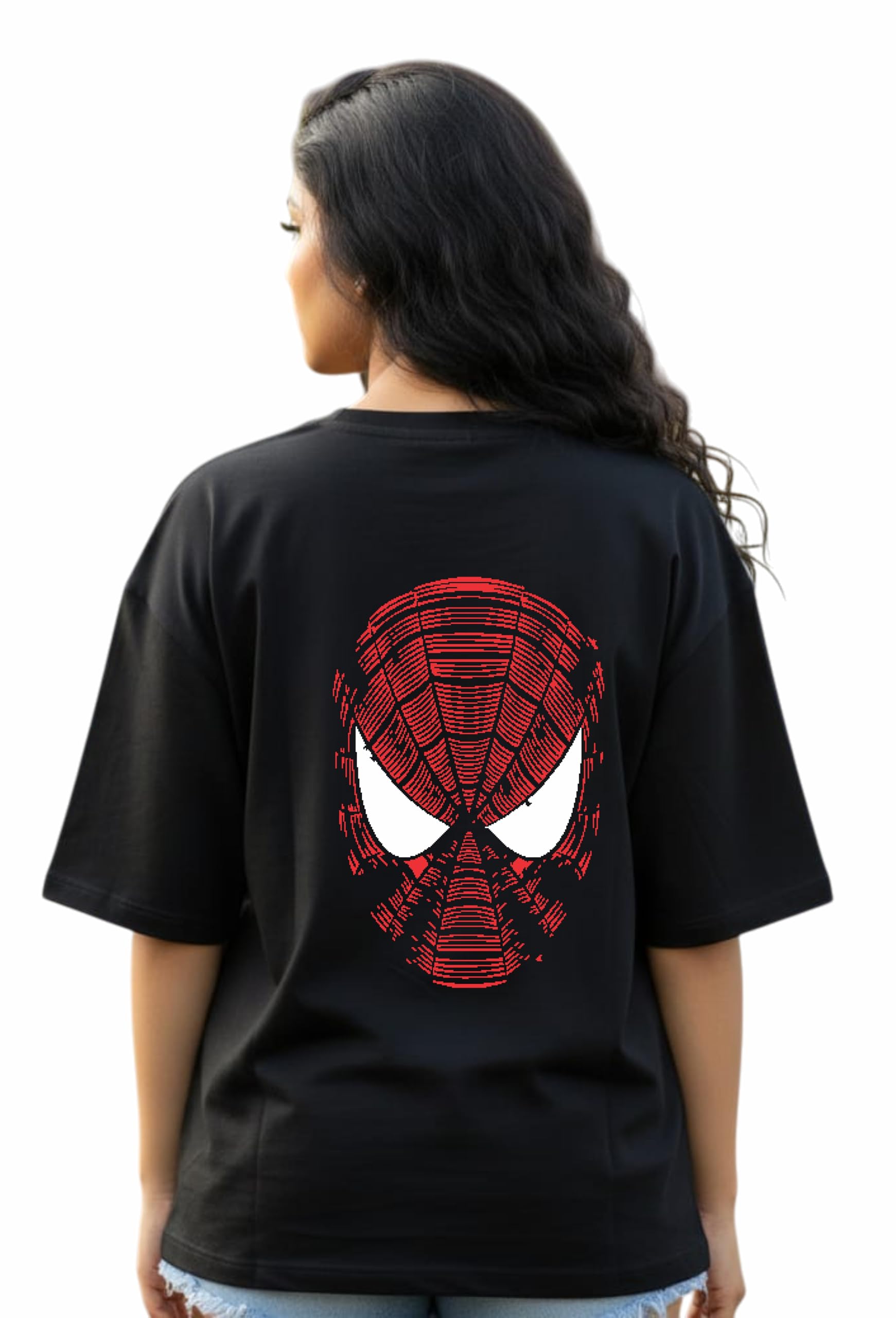 Oversize Spiderman Round Neck Anime Printed Black Cotton Tshirt for Women