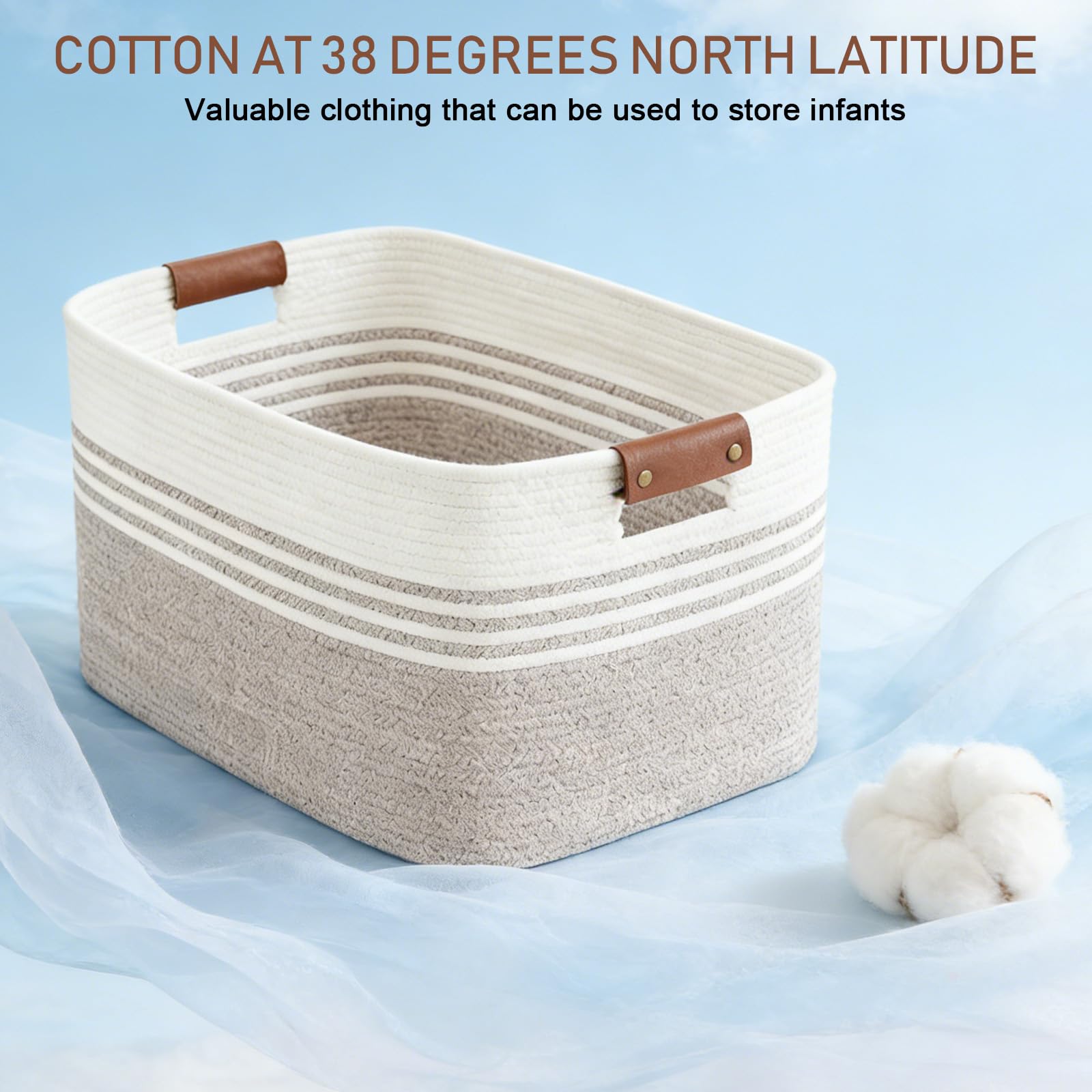 Cesto portabiancheria intrecciato piccolo in corda di cotone, 45 x 35 x 27 cm, con manici in pelle, cestino da 45 l, per cuscini, vestiti, peluche, biancheria/coperte (bianco e marrone)