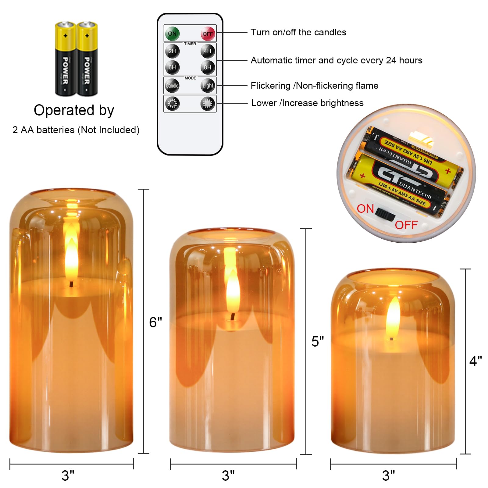 GenSwin Candele senza fiamma in vetro dorato con timer remoto, candele a batteria con fiamma tremolante, candela a colonna in vetro e vera cera a LED, per Halloween, Natale, decorazione della casa