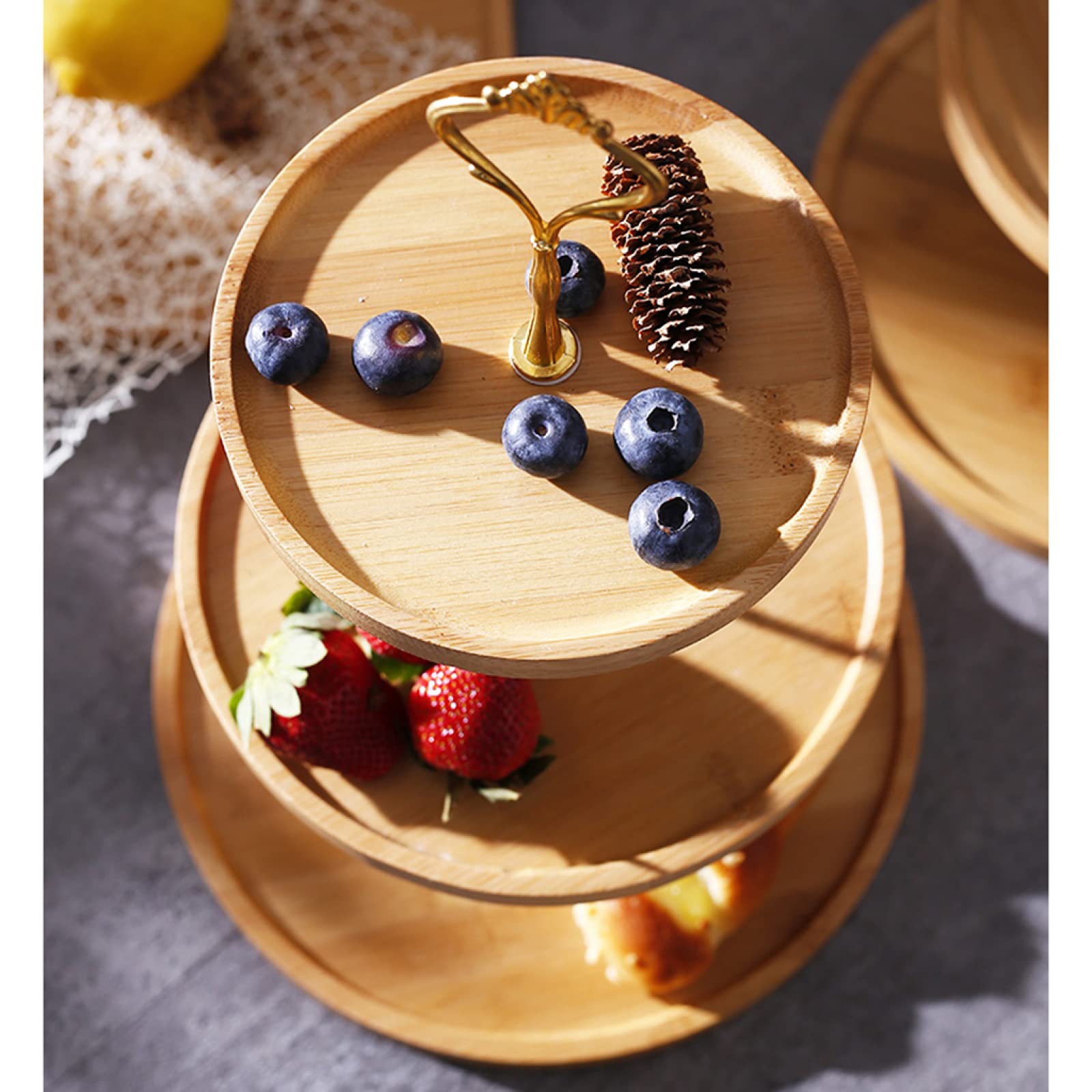 ZXCVB Alzata per Torta in bambù A 3 Livelli,per Frutta E Dolci Vassoi,Multiuso E Frutta Vassoio da Portata, per Matrimoni Feste Cene Compleanni Ristoranti,Naturale, Marrone,Gold-3 Layers