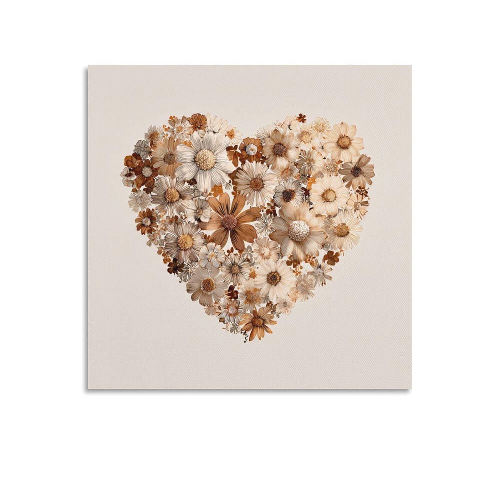 Jubonexis Floral Heart Daisies Wildflowers Beige Cream Canvas Wall Art Poster Painting Aesthetic Picture for Living Room Farmhouse Decor Unframed 16x16inch(40x40cm)