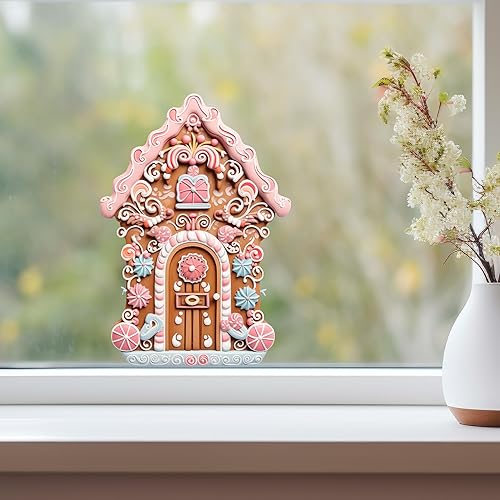 Miniatura 3 de Adhesivo de pared de casa de pueblo de Navidad, decoración de casa de jengibre glaseado rosa