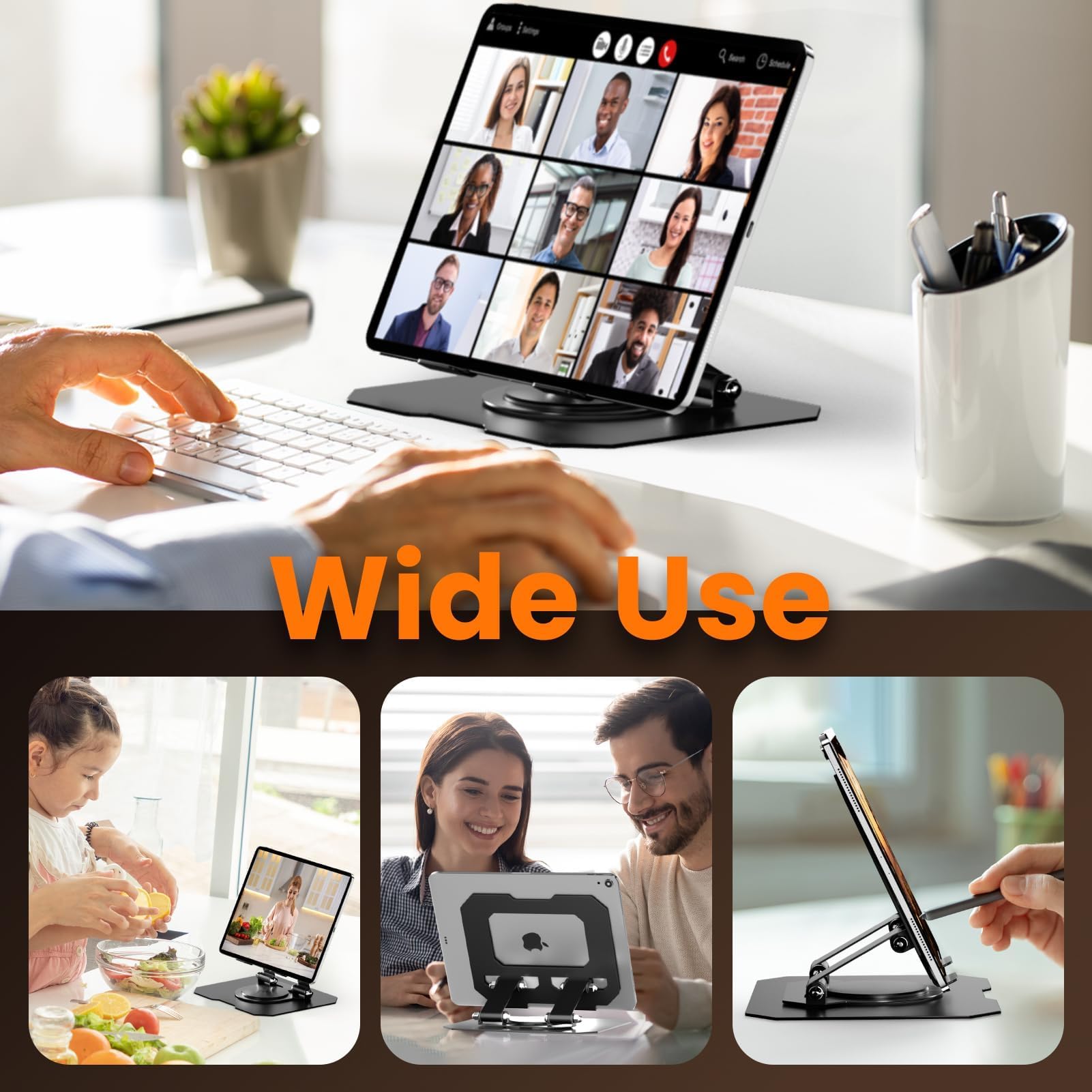 GlasFlength Supporto Tablet con Base Girevole 360°, Regolabile e Pieghevole per iPad iPhone Kindle 4-12,9'' Nero