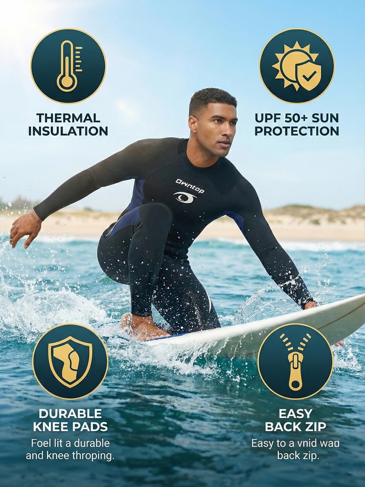 Owntop Muta Uomo 3/2mm Intera, Muta Invernale a Maniche Lunghe Ultra-Stretch, Zip Posteriore Muta da Surf e Immersioni in Neoprene per Adulti