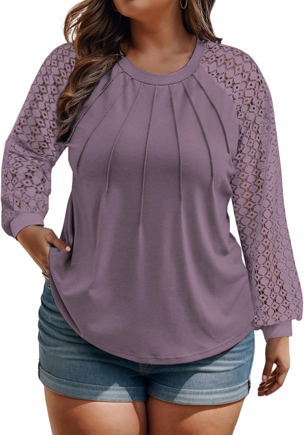 Women's Plus Size Tops Fashion Lace Long Sleeve Shirts Casual Fall Knitted Tunics Dressy Going Out Crewneck Blouses XL-5XL