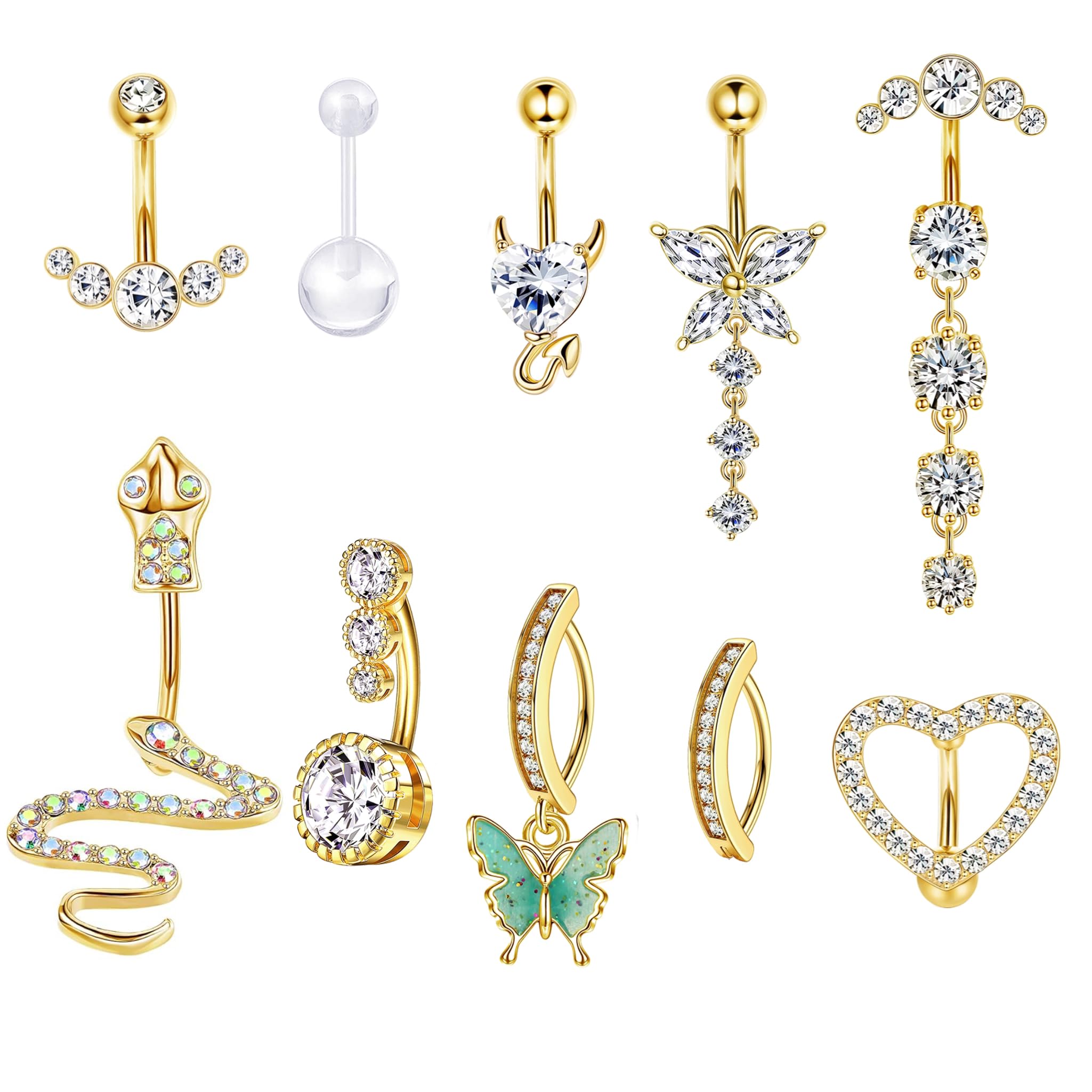 CASSIECA10Pcs 14G Clicker Anillos de Ombligo Para Mujer Acero Inoxidable Piercing Ombligo Aro Plata CZ Serpiente Mal de Ojo Corazón Claro Dangly Barras de Ombligo Corporal Piercing Joyas para Mujer