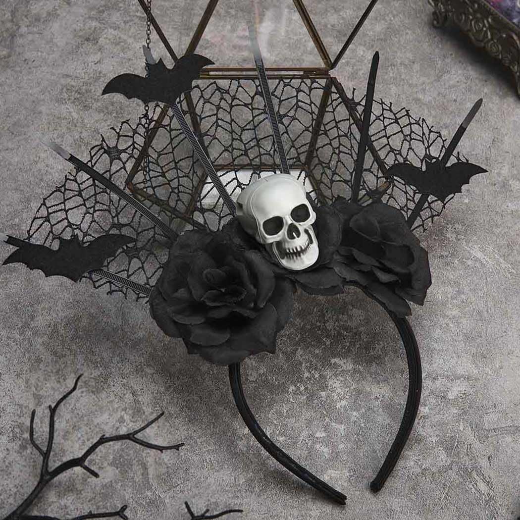 Miniatura 2 de GORTIN Diadema de calavera y rosa, tocado gótico negro para Halloween, banda para el pelo de murciélago, diadema de telaraña, diademas para