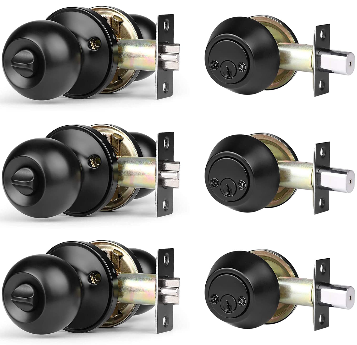 3 Pack Entry Door Knob and Double Cylinder Deadbolt Combination Set, Keyed Alike, Flat Black Entry Entrance Keyed Round Door Knobs Lockset with Deadbolt Lock Set for Exterior/Front Door