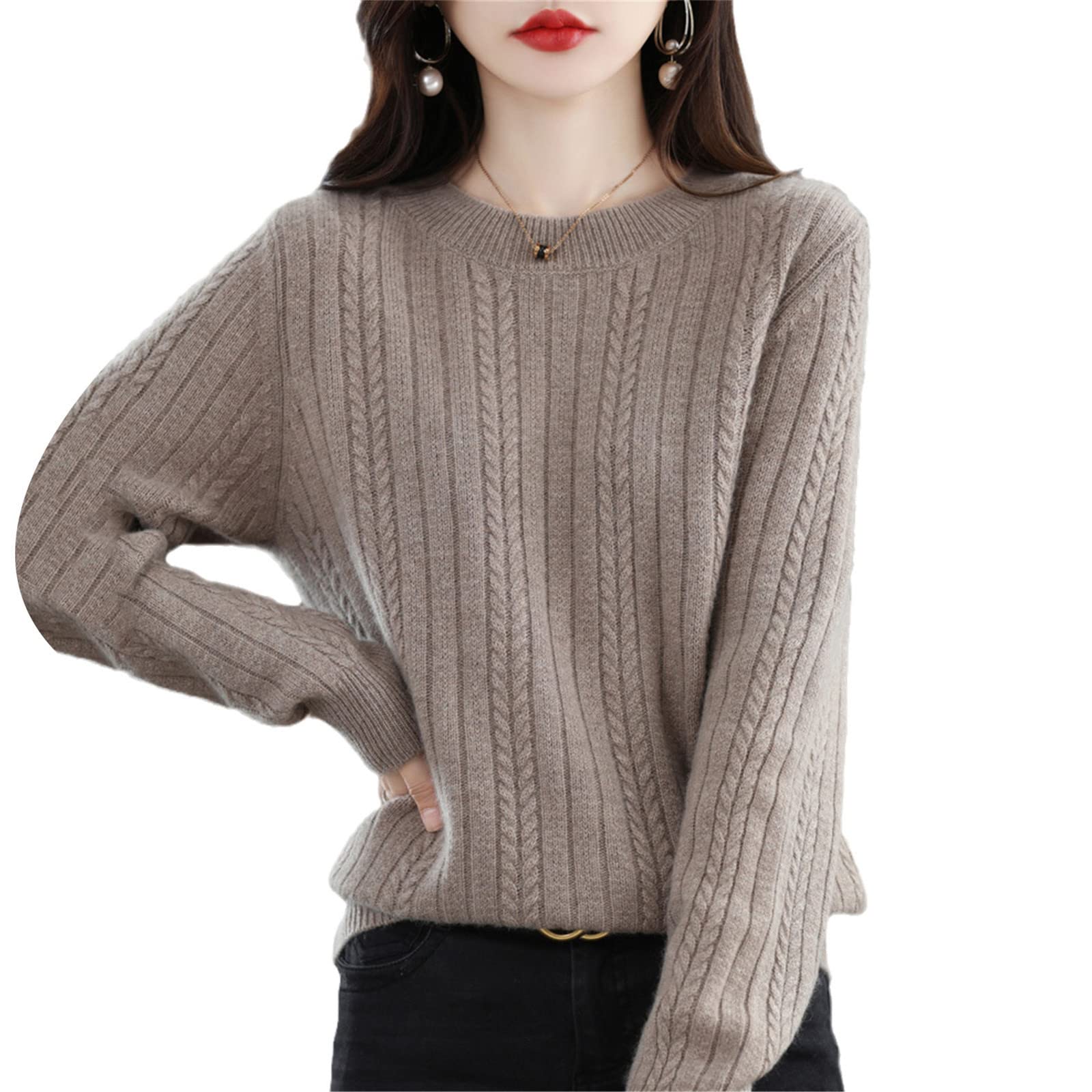 Suéter de cachemira para mujer, cuello redondo, suéter de otoño e invierno, nudo superior, suéter de lana engrosada, marrón claro, S