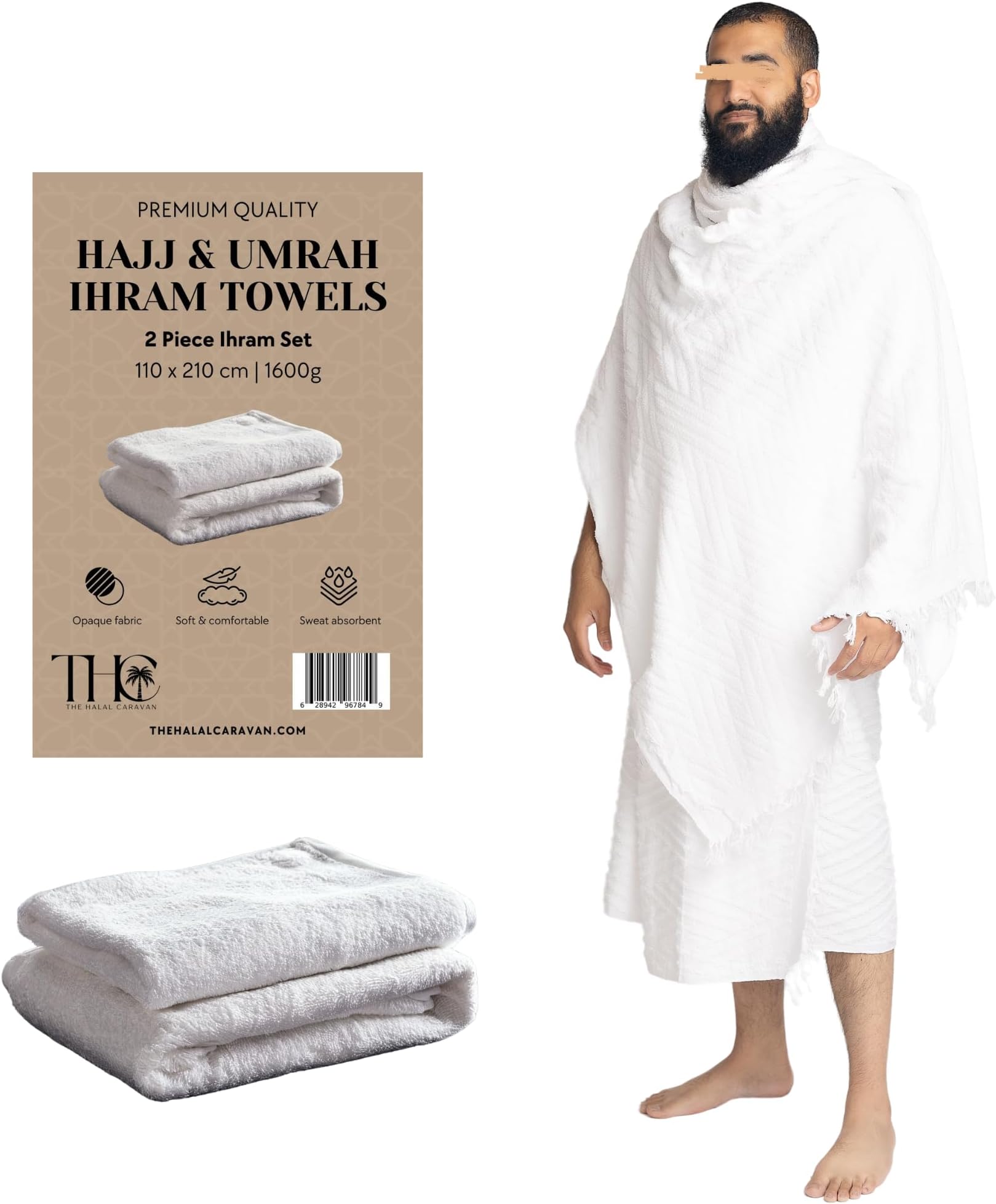Men's Ihram for Hajj & Umrah - Sweat Absorbent, Comfortable, Fully Opaque, 2-Piece Ihram Set, Ehram Ahram 43 x 83 Inches, Ideal for Muslim Men, White