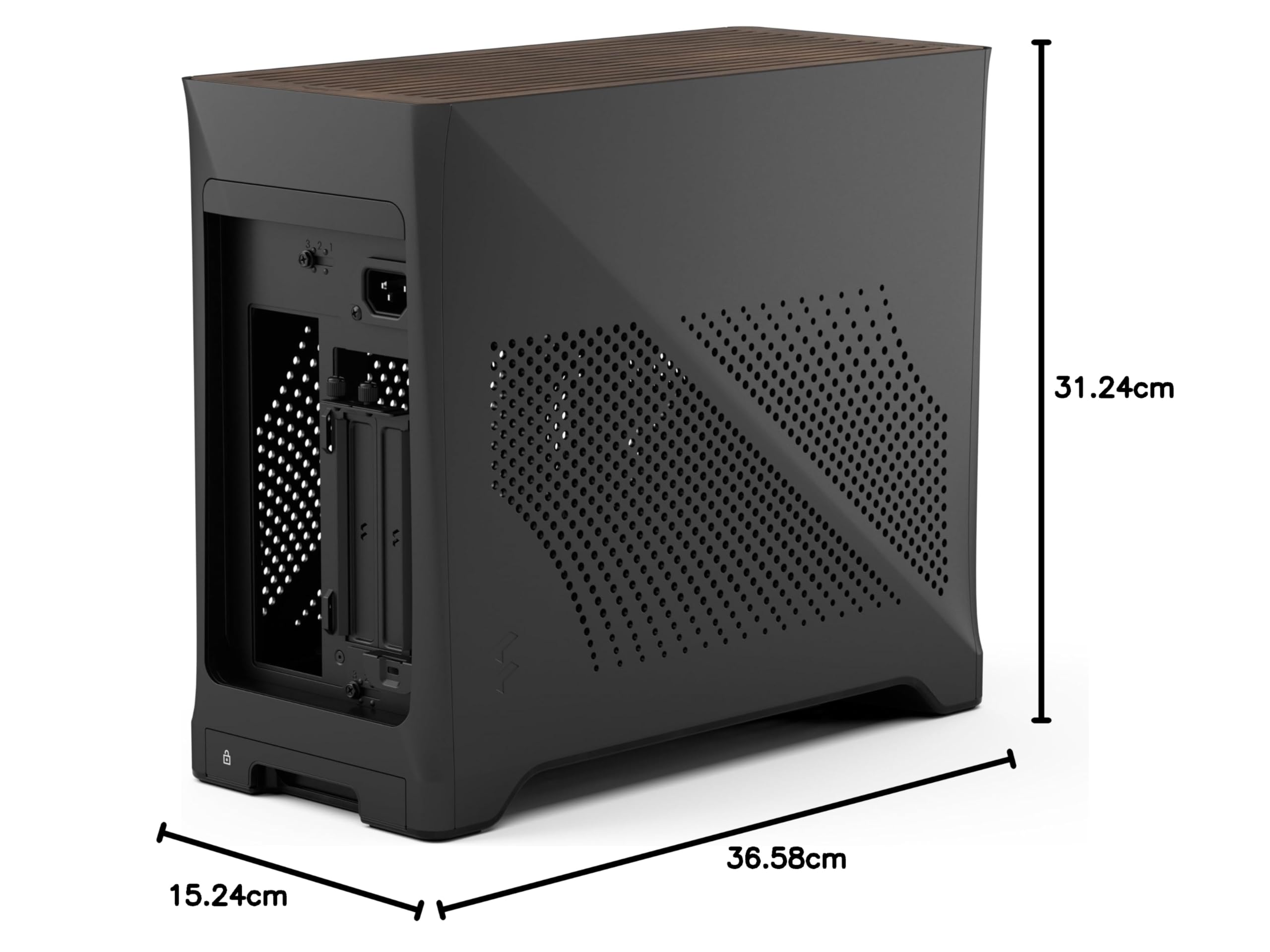 Fractal Design Era 2 ITX PC Case w kolorze grafitowym – eleganckie anodowane aluminium, masywny orzech włoski, obsługuje 3-gniazdowe procesory graficzne, kabel PCIe 4.0 Riser w zestawie