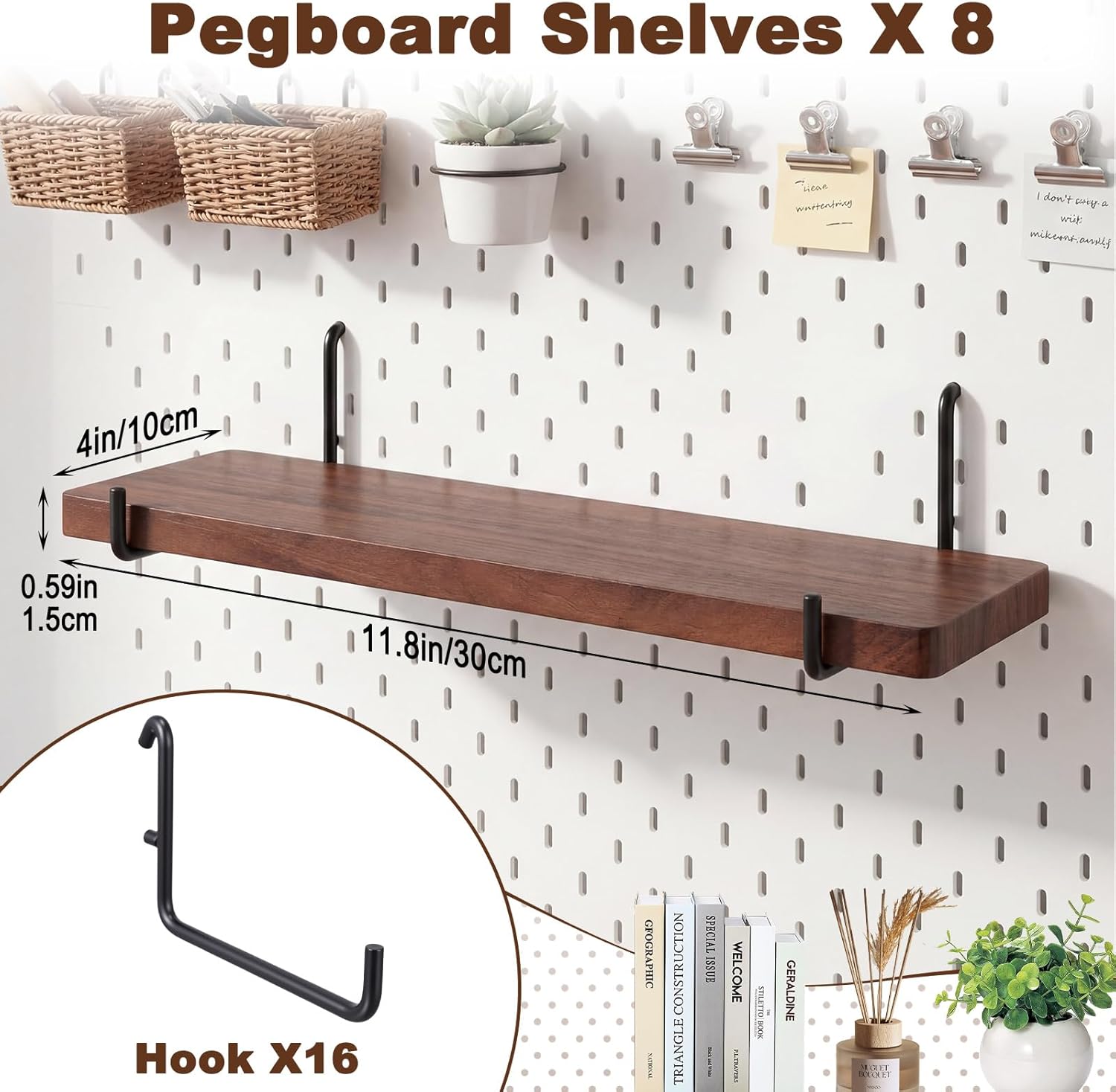 Novabright 8 Pcs Walnut Color Pegboard Shelves Set with Metal Brackets Hooks 11.8 x 4'' Wall Wooden Pegboard Shelving Heavy Duty Accessories for Crafts Office Garage Home Workbench