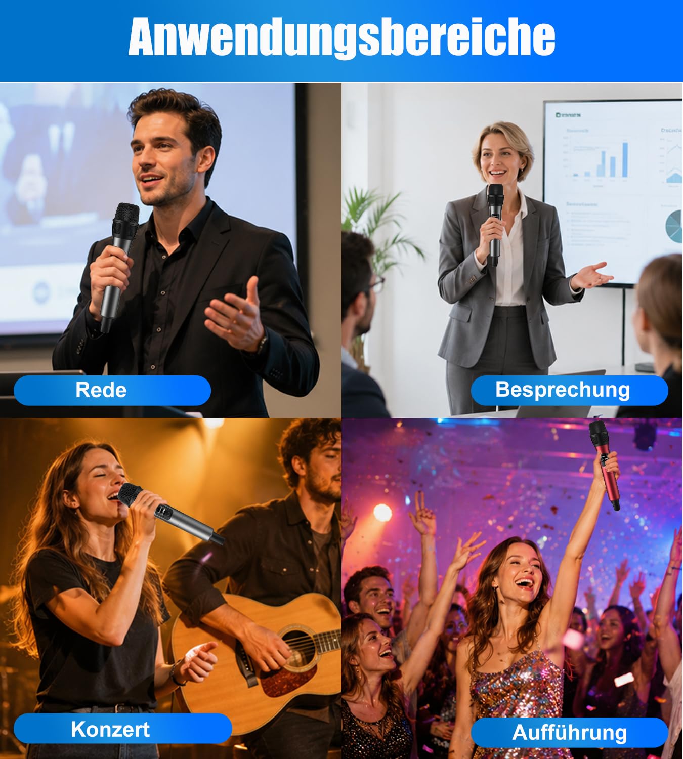 Aveek Kabelloses Karaoke-Mikrofon mit 80 m Reichweite & 40 Std. Akku – wiederaufladbar, klarer Klang, sofort einsatzbereit für Karaoke, Bühnenauftritte, Vorträge, Rot & Schwarz, 2er-Pack | Stabiles Funksignal, High-Fidelity-Klang, < 2 ms Latenz, faltbarer