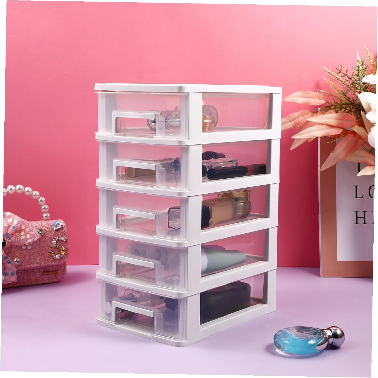 Multifunctional Plastic Drawer Storage Cabinet with Transparent White Design Portable Desktop Organizer for Cosmetics Office and Study Supplies Material with Spacious Multi-deck