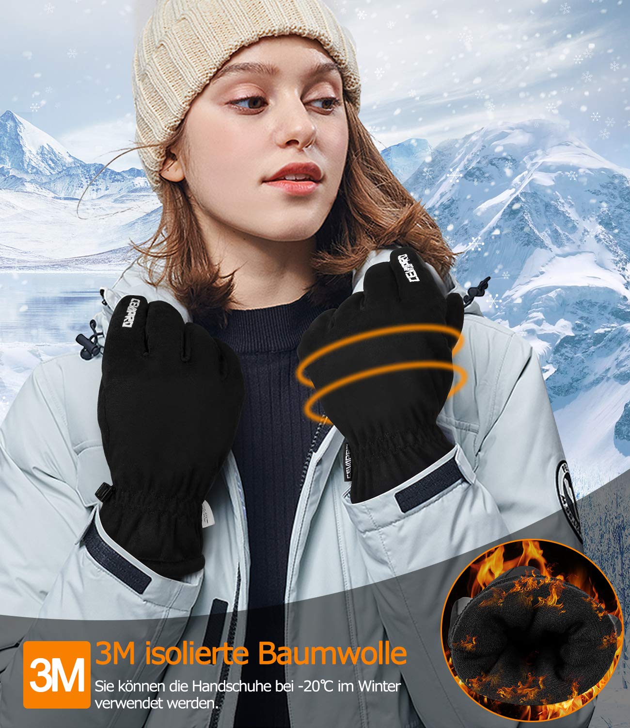 Cevapro Skihandschuhe Snowboard Handschuhe wasserdichte Winterhandschuhe Herren Damen mit warmem Fleece für Winter Outdoor Sports wie Skifahren Bergsteigen Motorradfahren Fahrradfahren (Schwarz, L) Fashion
