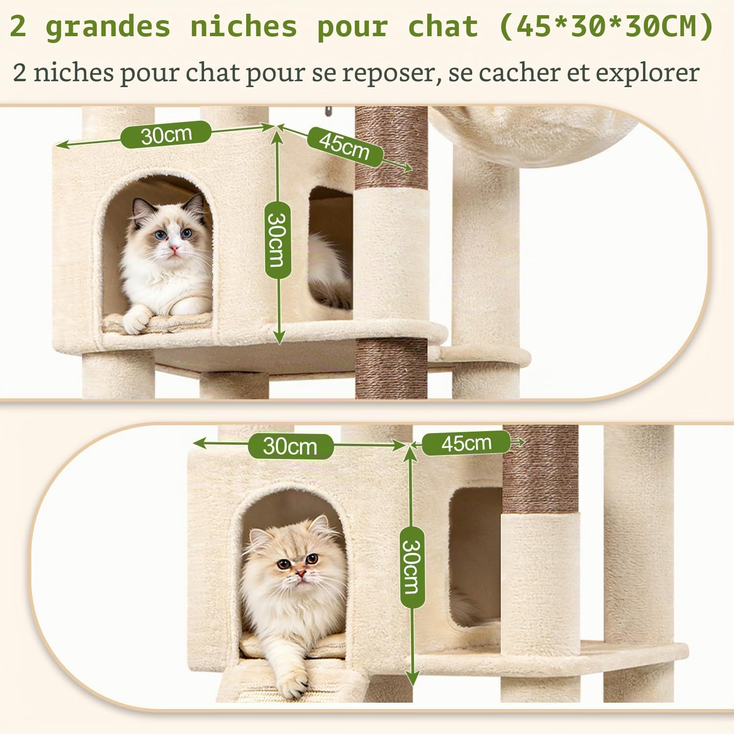 Globlazer Arbre a Chat Beige XXL Coin pour Gros Chats 204cm avec 2 Grand Niches 45*30*30cm, Immense Plateforme, Planche Sisal, Panier, Stable Arbres à Chats Intérieur Repos Gratte Jouant (C80, Beige)