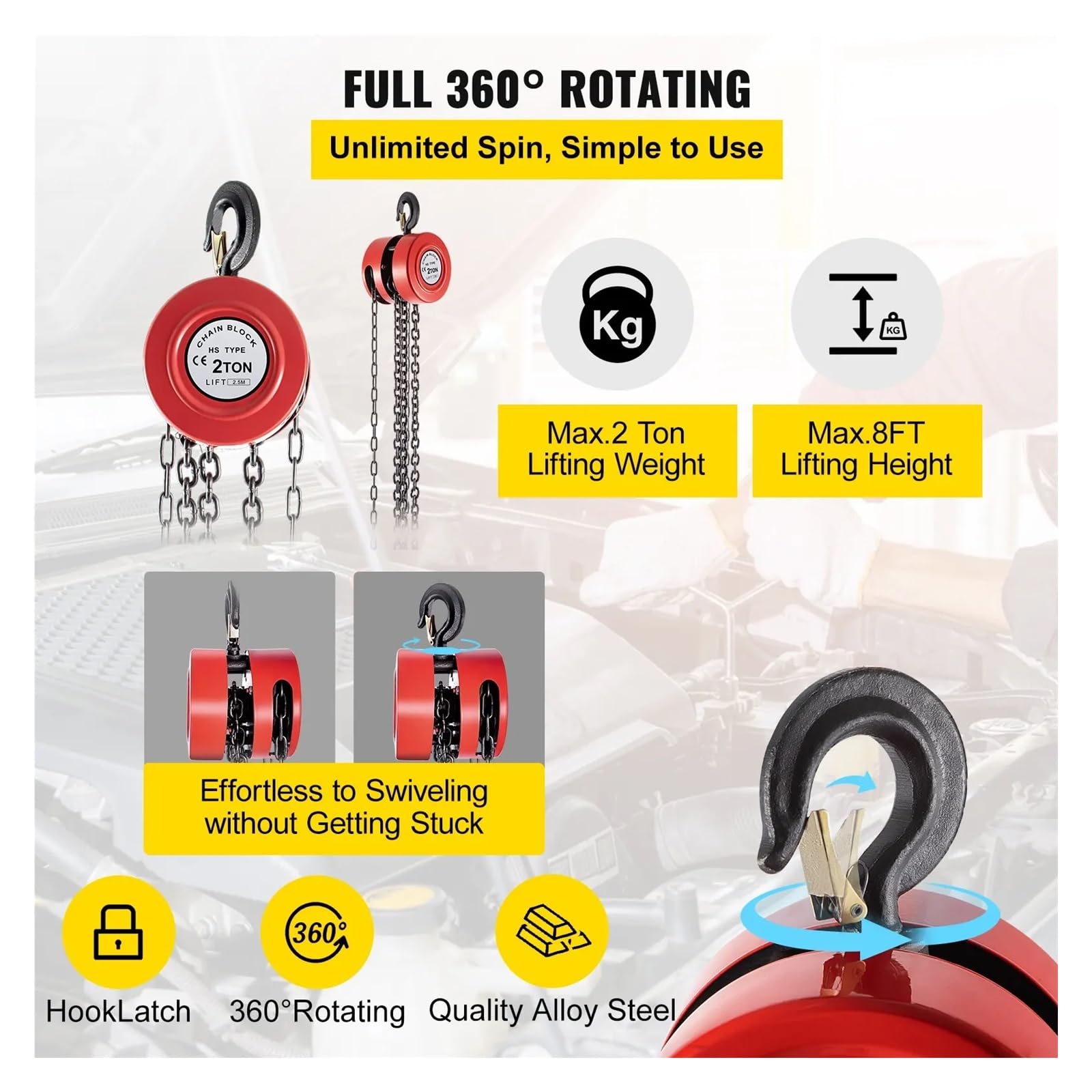 Hand Winch, Hand Chain Hoist, 4400 Lbs /2 Ton Capacity Chain Block 8ft/2.5m Lift Manual Industrial-Grade Steel Construction For Lifting Good,for Trailer, Boat or ATV Towing