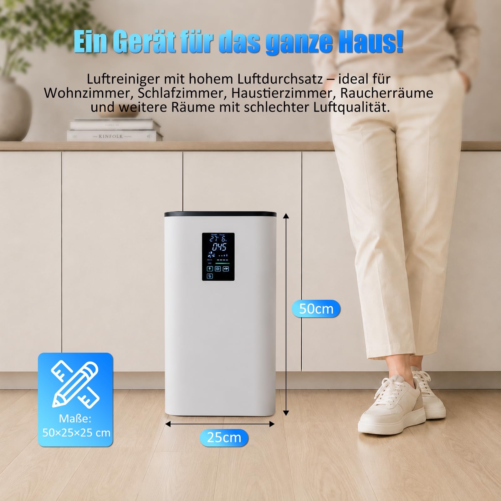 Oczyszczacz powietrza dla alergików CADR 400 m³/h do 160 m², filtr powietrza HEPA Air Purifier w czasie rzeczywistym PM2.5 i wskaźnik temperatury, jonizator, tryb automatyczny, cichy tylko 20 dB