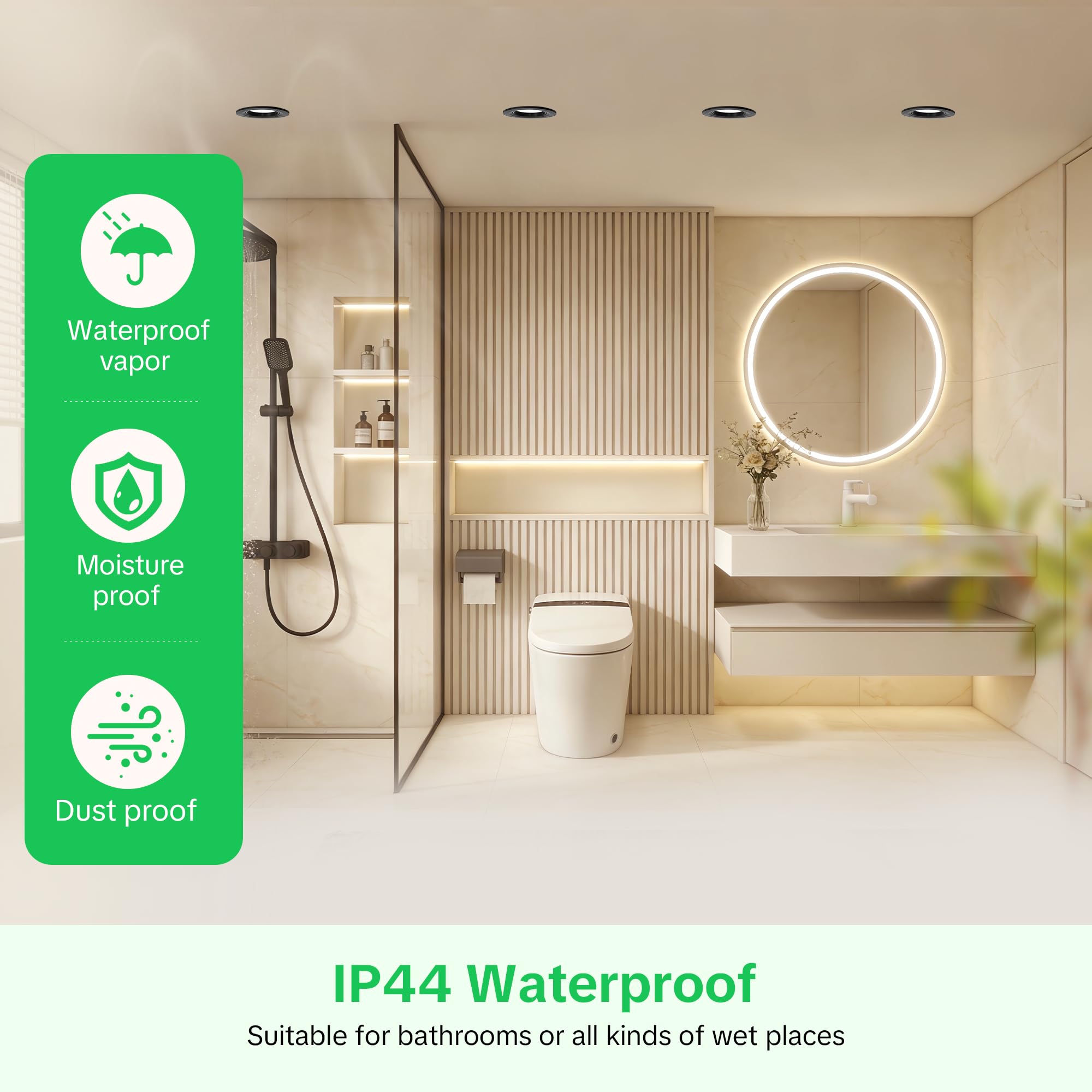 Spot LED Encastrable Orientable 230V, 5W 500LM Spots de Plafond Extra Plat Blanc Chaud Blanc Neutre Blanc Froid Réglable, IP44 Spot Salle de Bain, Trou Ø68-80mm, Noir Lot de 10