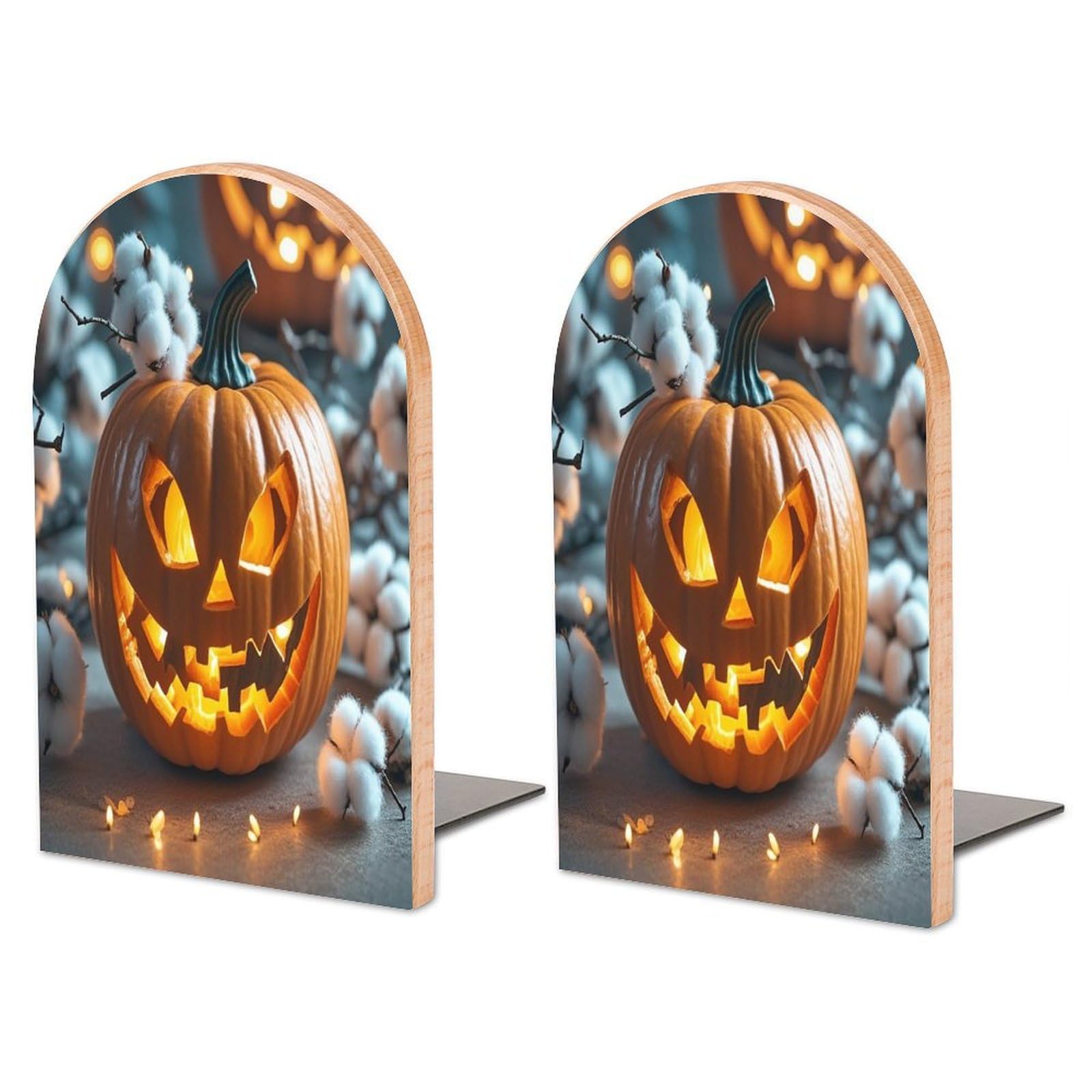 Pumpkin Lantern Bookend for Shelves Non-Skid Book Holder Modern Heavy Duty Bookend Stopper Metal Base Wood Book End Books Shelf Holder Home Decorative 1pair 6.7x3.9x4.7