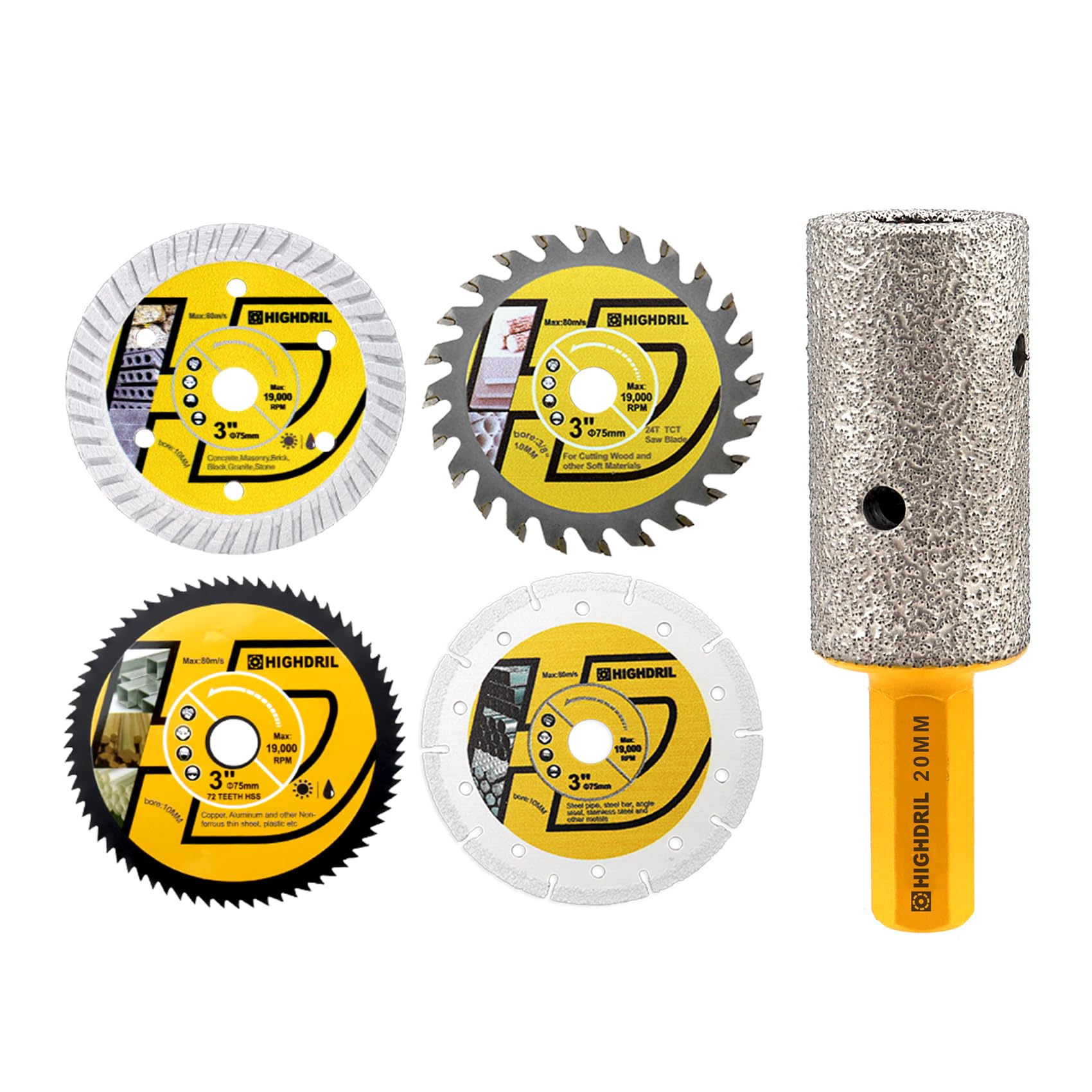 HIGHDRIL 3" 75mm Circular Saw Blade Set 4pcs - Diamond/HSS/TCT Cutting Disc for Angle Grinder Cutting Soft Metal Copper Aluminum Granite Tile Plastic Wood