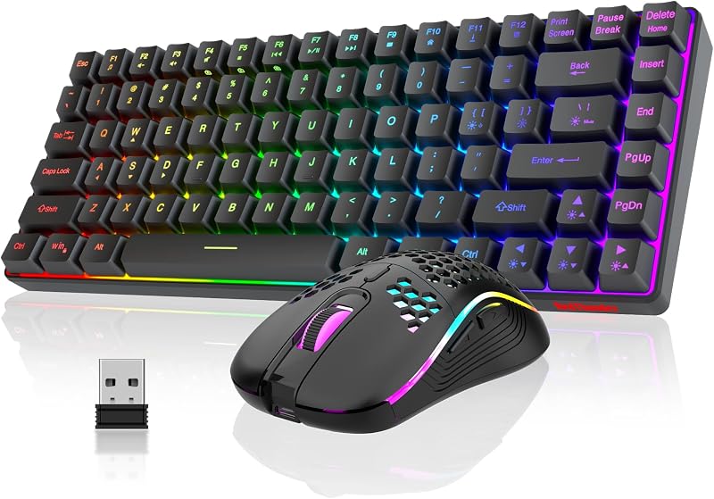 K84 Wireless Keyboard and Mouse Combo, Rainbow Backlit Rechargeable Battery, 75% Layout TKL Ultra Compact Gaming Keyboard & Lightweight 3200 DPI Honeycomb Optical Mouse (Black)