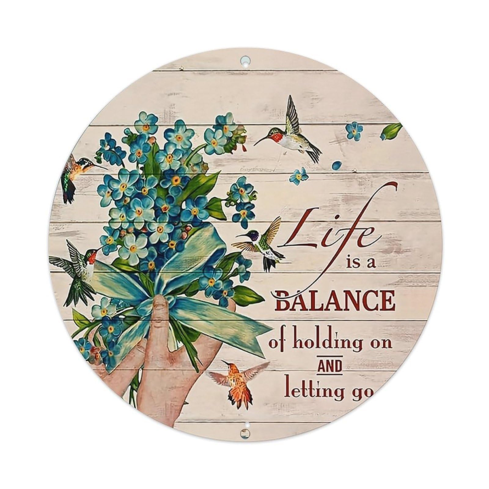 Floral Hummingbirds Hand Bouquet Life Balance Vintage Round Tin Sign Retro Metal Wall Decor Metal Poster, Home Bar Garage Cafe Wall Art Decoration 8x8Inches