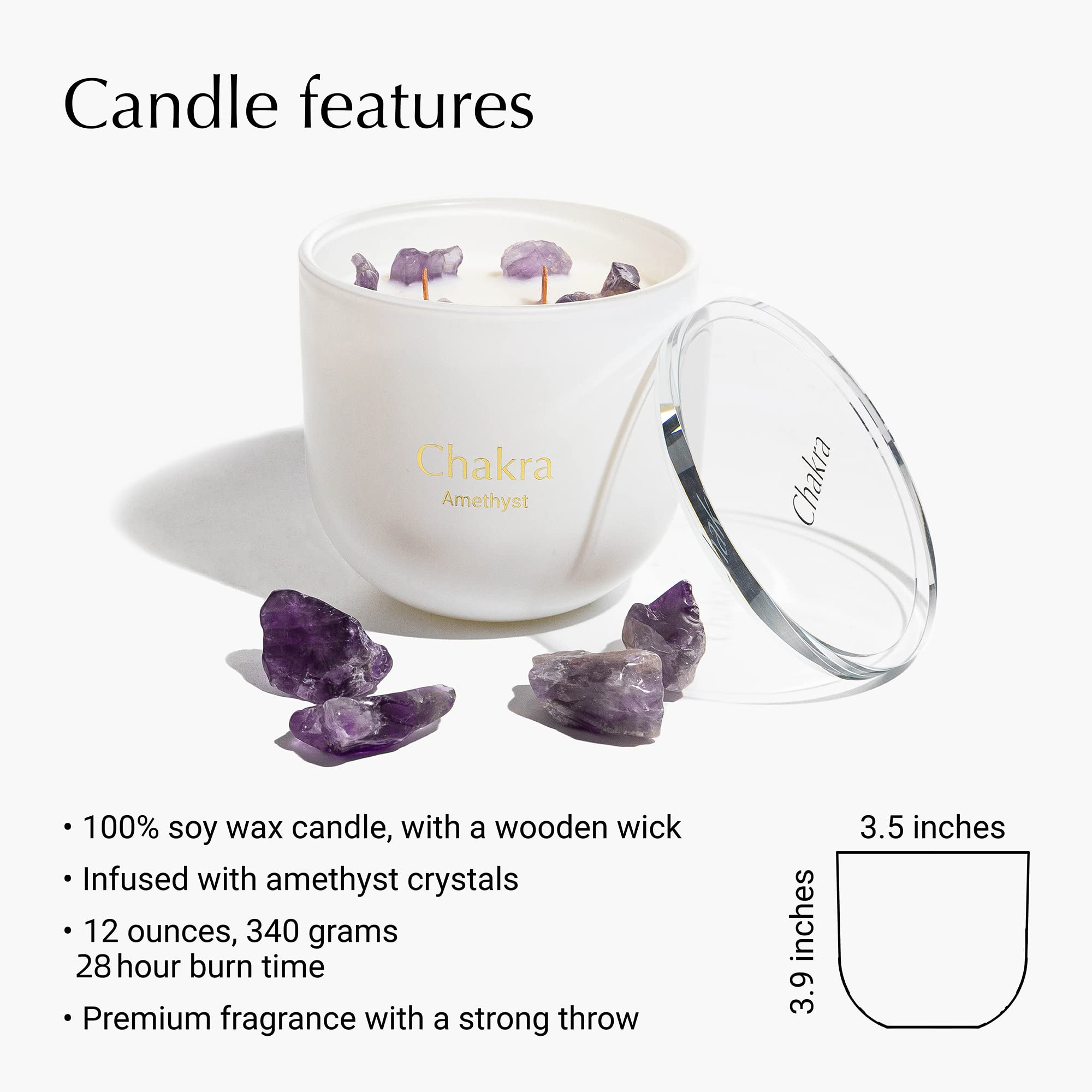 Hidden Label 340 ml amatista cuarzo relajante velas de cristal, 2 mechas de madera, velas aromáticas, meditación con cristales en la colección Chakra
