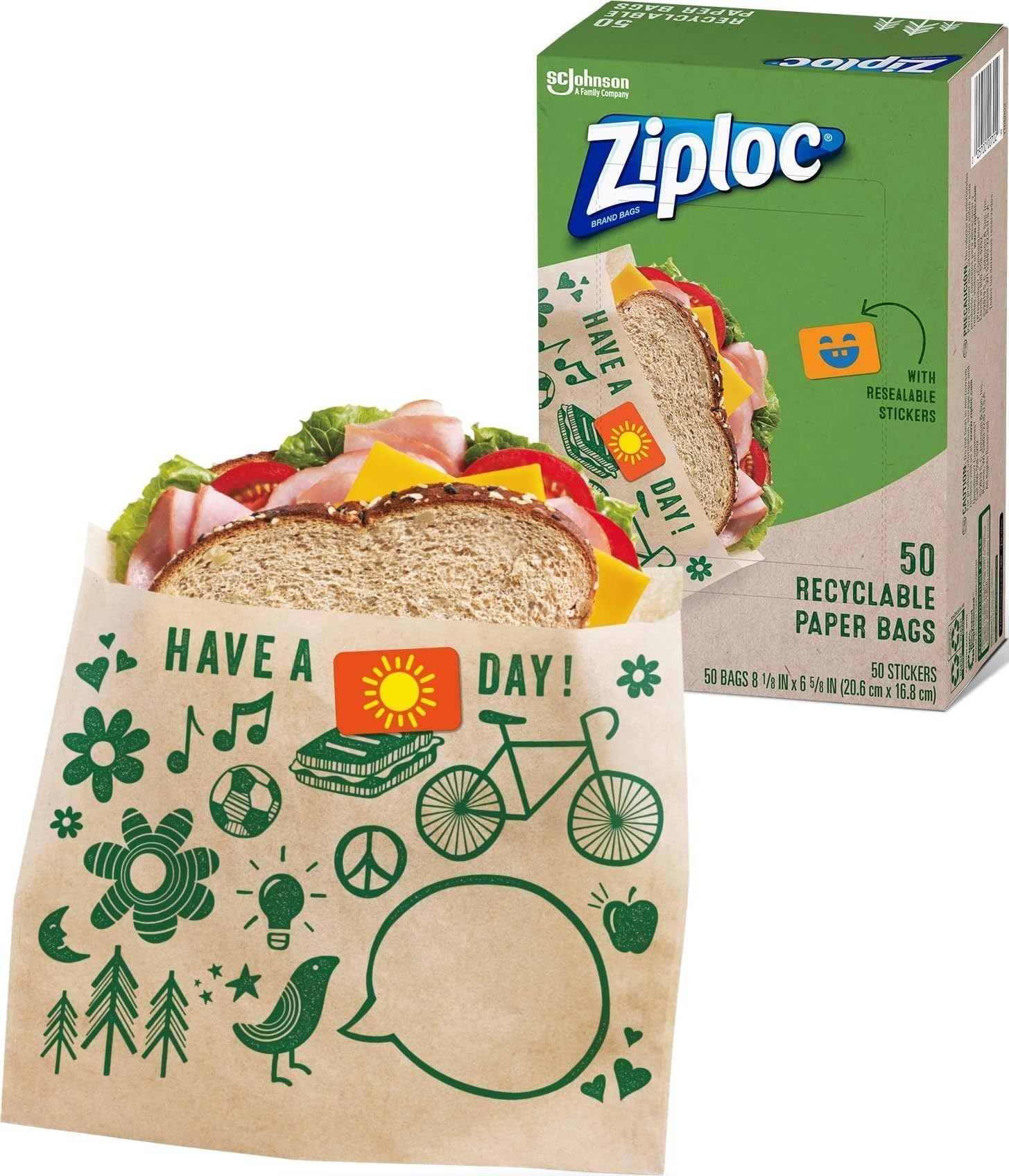 Paper Sandwich and Snack Bags, Recyclable & Sealable with Fun Designs, 50 Bags Total