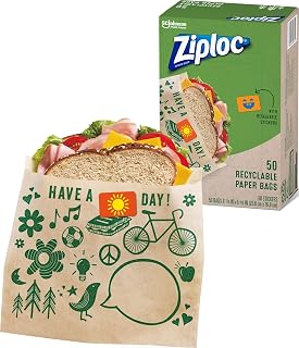 Ziploc Paper Sandwich and Snack Bags, Recyclable & Sealable with Fun Designs, 50 Bags Total