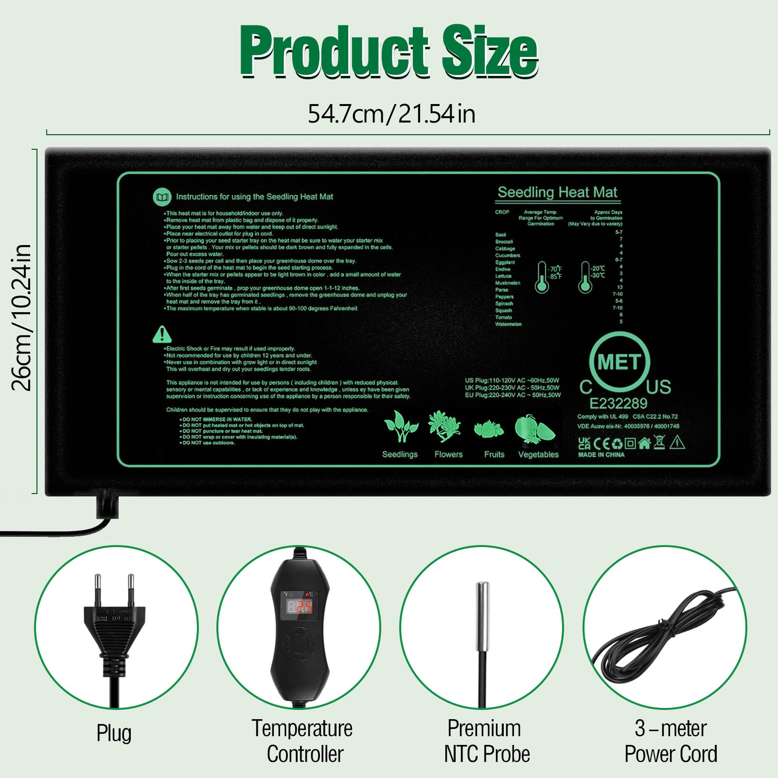 Estera TéRmica para Plantas con Termostato, 50W Alfombrilla Térmica para Plántulas, Acelera Germinación, Ignífugo, IP67 Impermeable, para Mascotas, Reptiles, Plántulas, 54 x 26 cm