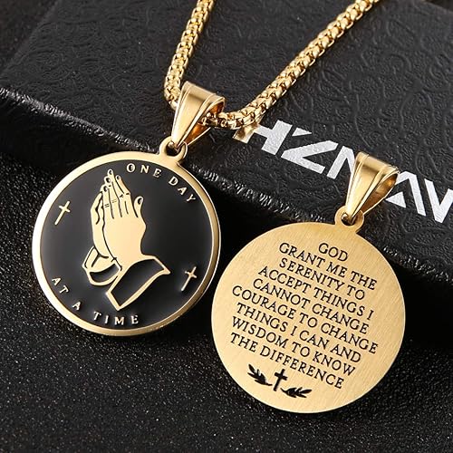 Miniatura 2 de HZMAN Bible Verse Prayer Necklace Christian Jewelry Gold Stainless Steel Praying Hands Coin Medal Pendant