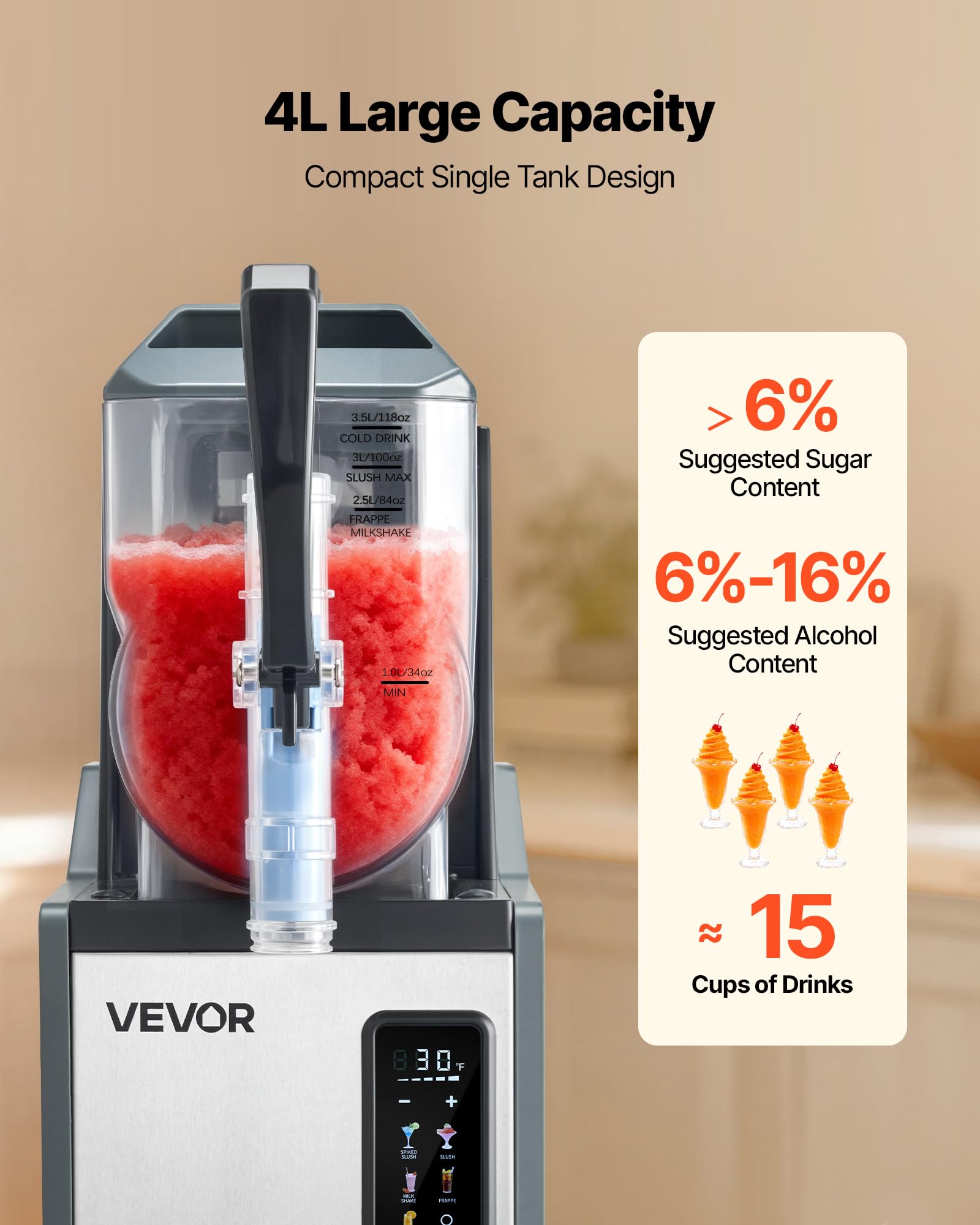 VEVOR Macchina per Granite 4 L 350 W Serbatoio Singolo Macchina per Bevande Ghiacciate Succo Fredde Cocktail, Funzione Autopulente per Preparazione Frappé, Milkshake, Frullati
