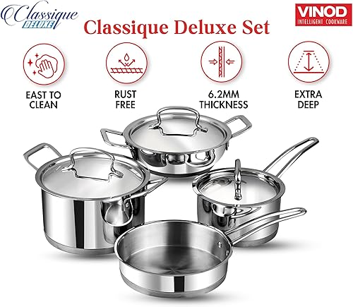 Miniatura 6 de Vinod Classic Deluxe - Juego de 4 utensilios de cocina de acero inoxidable, cacerola, cacerola, Kadai y sarténKadhai profundo para cocinarfondo de
