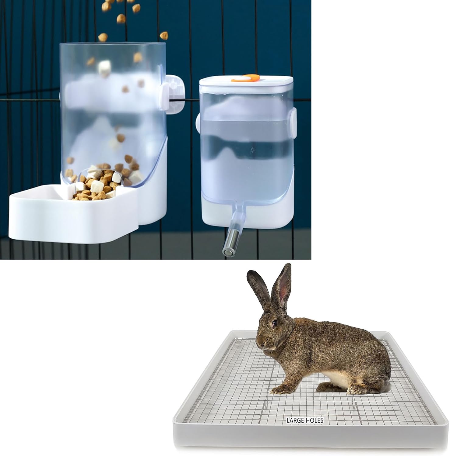 34oz Automatic Rabbit Food Feeder for Cages, 24oz Bunny Water Dispenser, 22x18 Super Large Rabbit Litter Box with 2 Grates (Metal & Plastic)