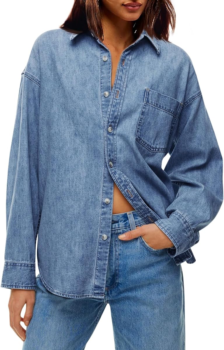 Cicy Bell Women Oversized Denim Shirt Jean Jacket Trendy Button Down Shirts | Loose Fit, Cotton, Collared, Long Sleeve, Denim Shacket, Spring Fall Fashion, Casual Tops