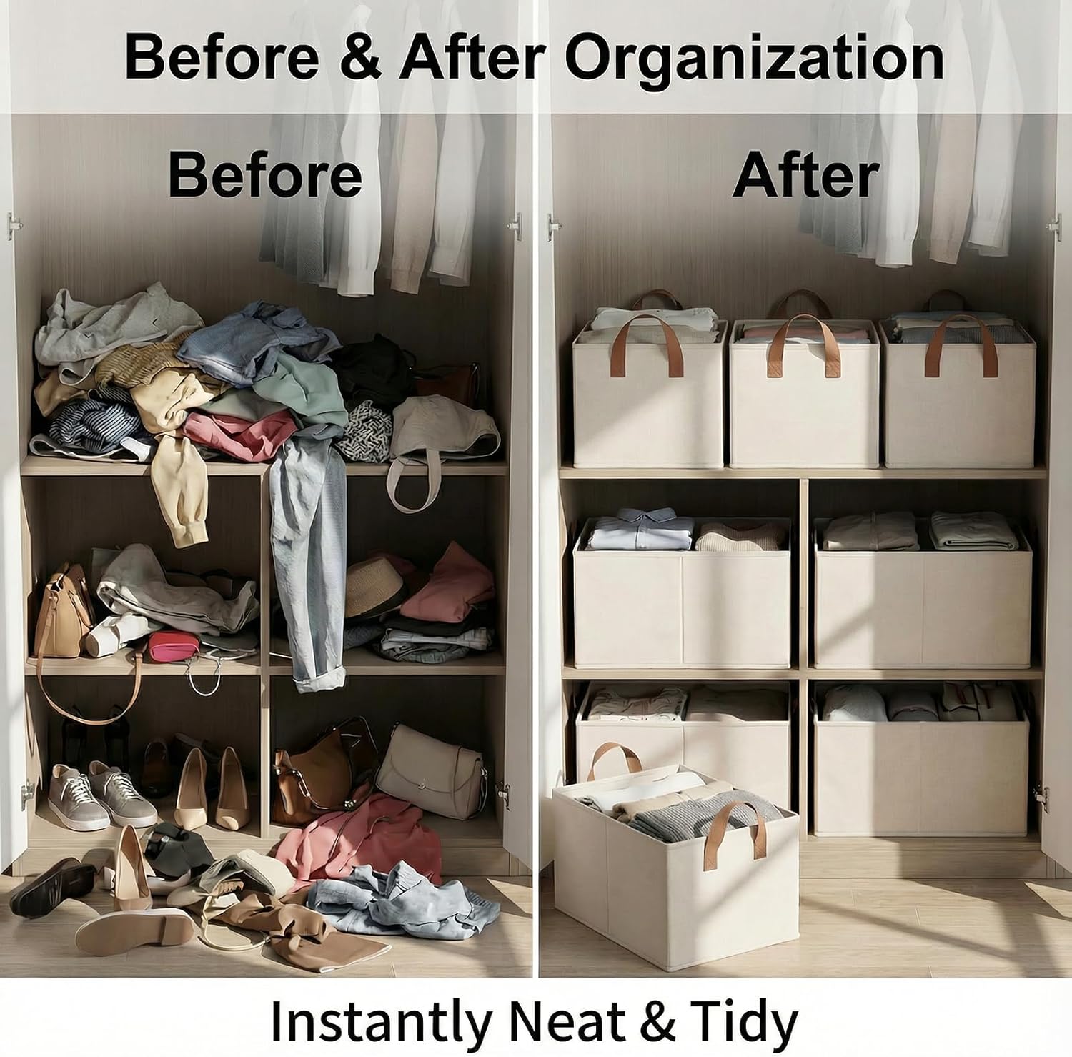 3 Pack Storage Bins Fabric Collapsible Organizers with Handles Sturdy Canvas with PP Board 17.9”x 11”x 7.9” Beige Foldable Storage Box for Closet Shelves, Books, Toys, Clothes, Office Organization - Image 5