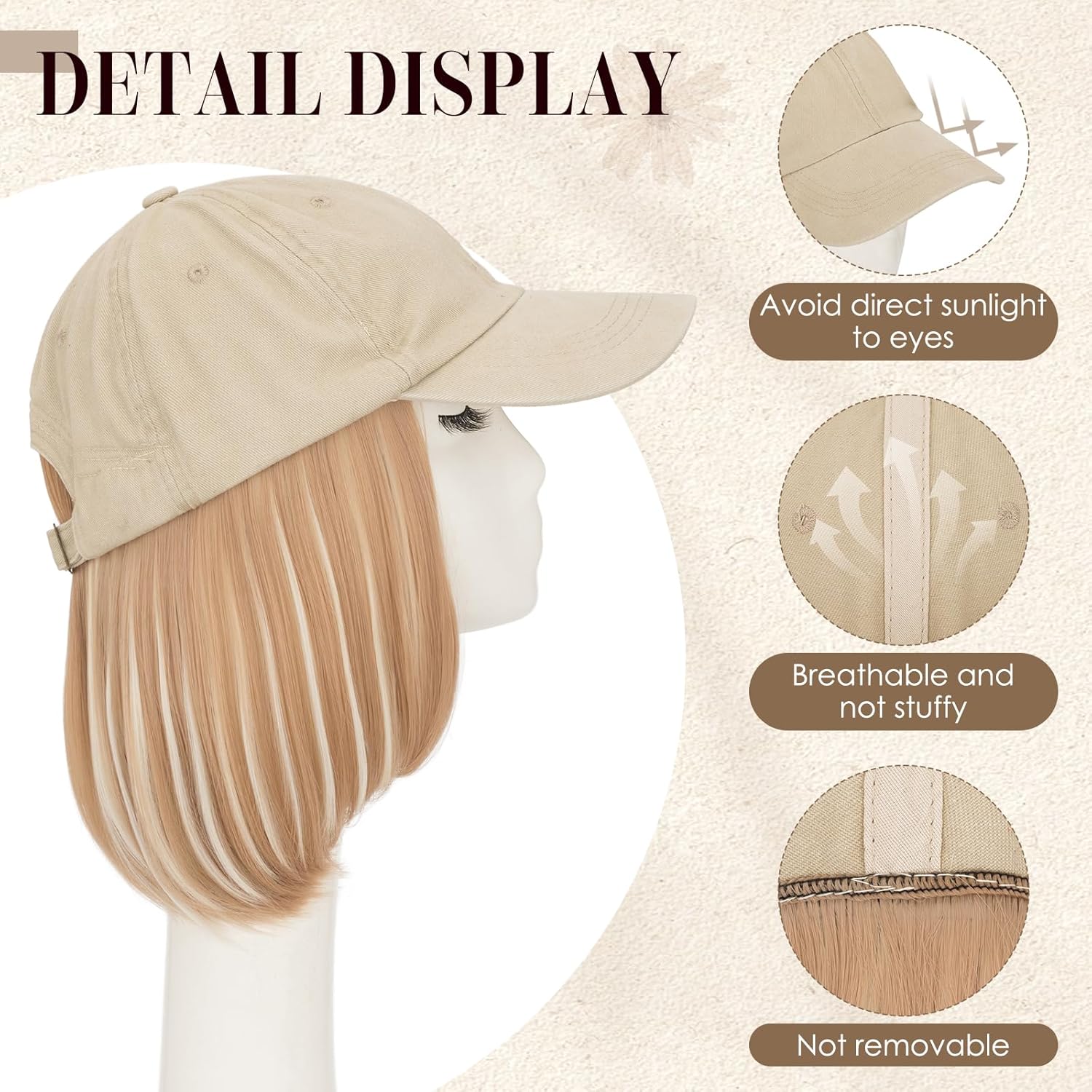 S-noilite Hat Wigs for Women Baseball Cap with Synthetic Hair Extensions Adjustable Beige Hats with Short Straight Hair Attached for Women Daily Wear Golden Brown mix Bleach Blonde Wig（6Inch）