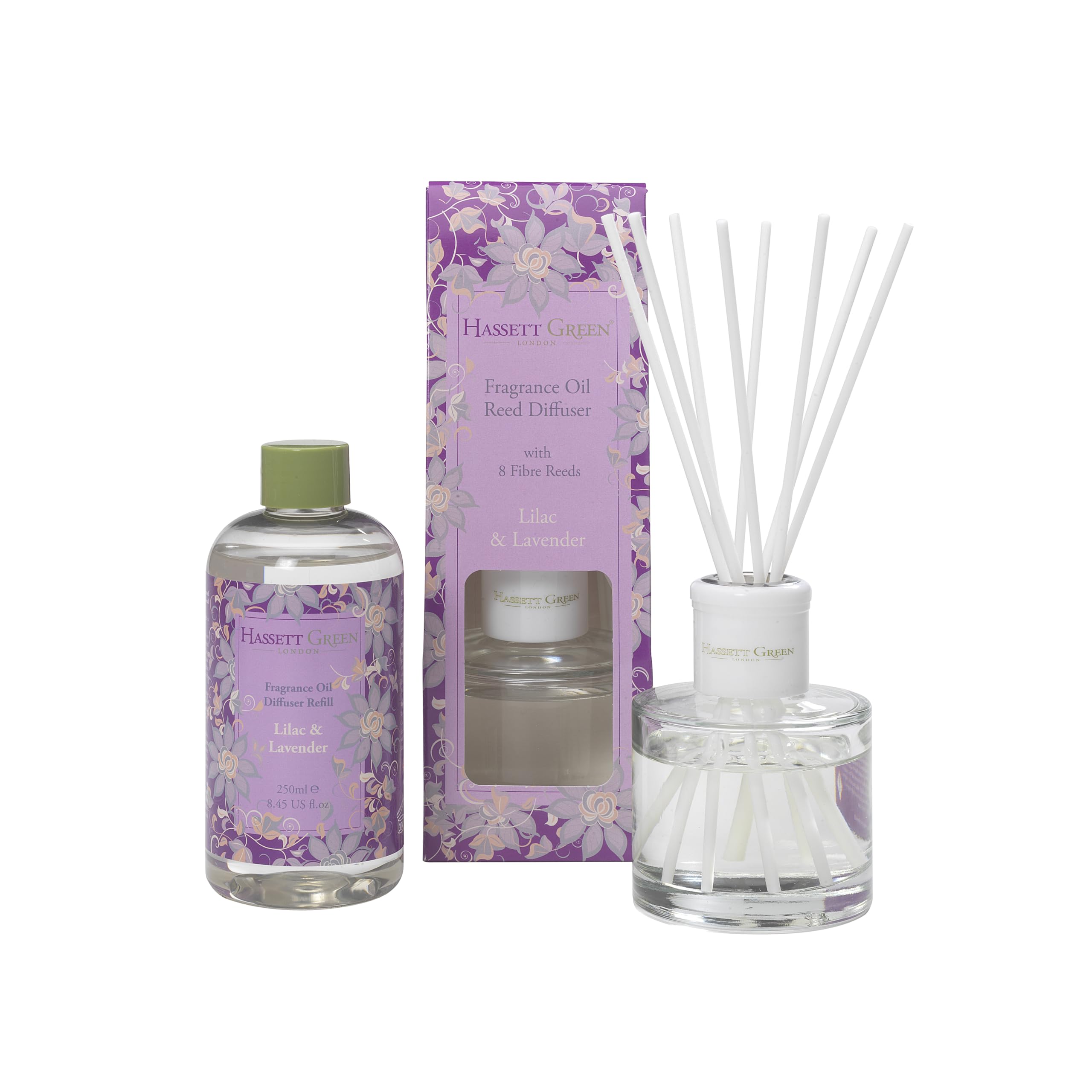 Hassett Green London - Lilac & Lavender Reed Diffuser & Refill Set - 100ml Glass Diffuser with 8 Fibre Reed Sticks + 250ml Fragrance Oil Refill